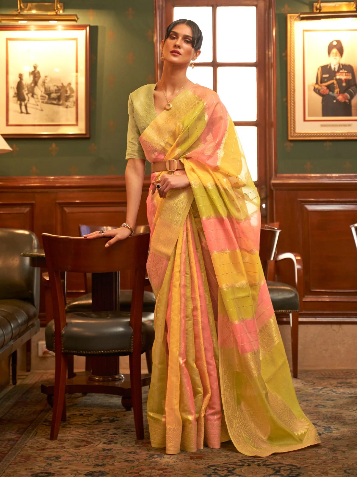 Odette Yellow And Pink Woven Organza Saree With Unstitched Blouse For Women