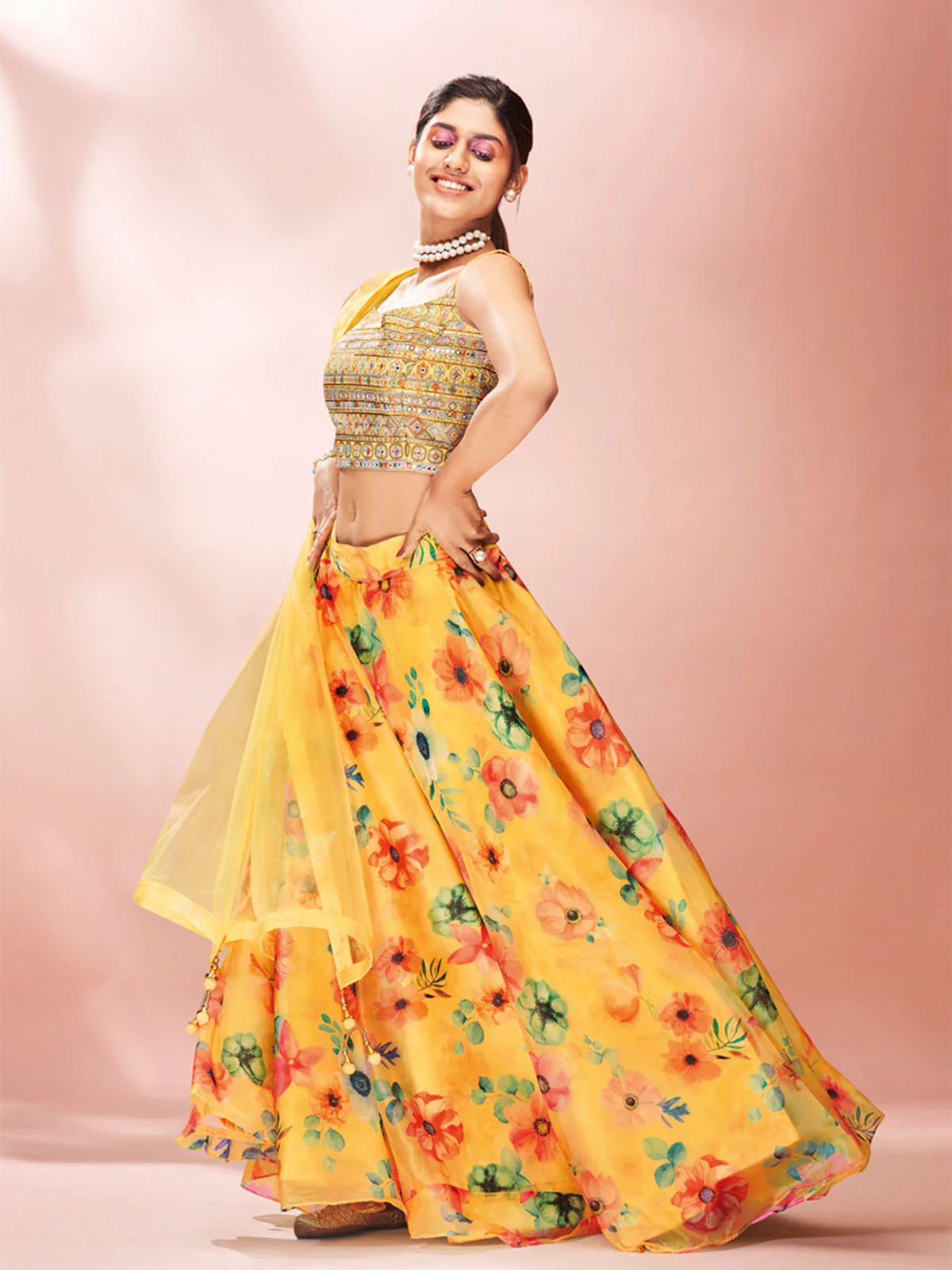 Odette Yellow Printed Organza Stitched Lehenga With Blouse For Women - Image 2
