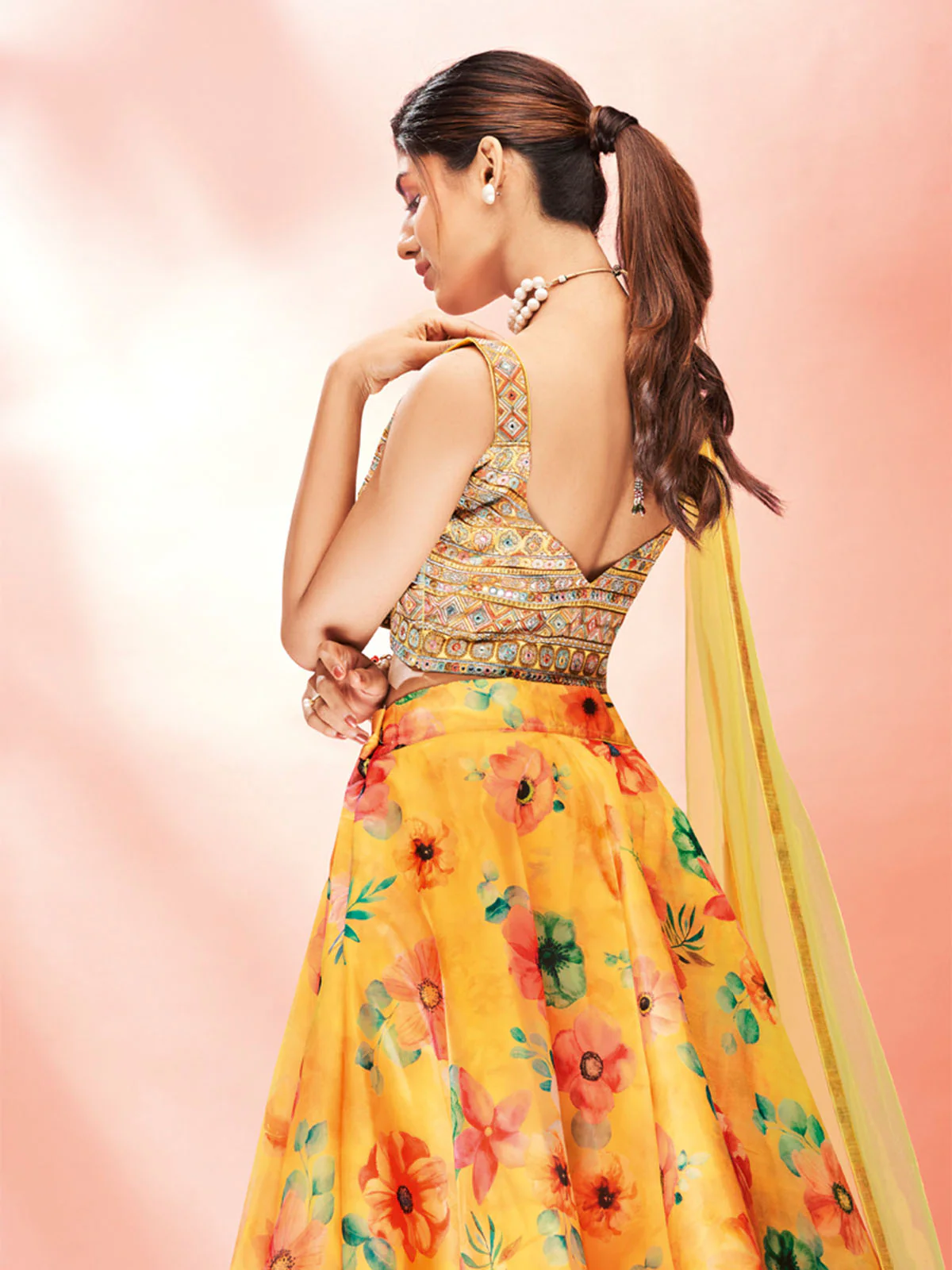 Odette Yellow Printed Organza Stitched Lehenga With Blouse For Women - Image 3