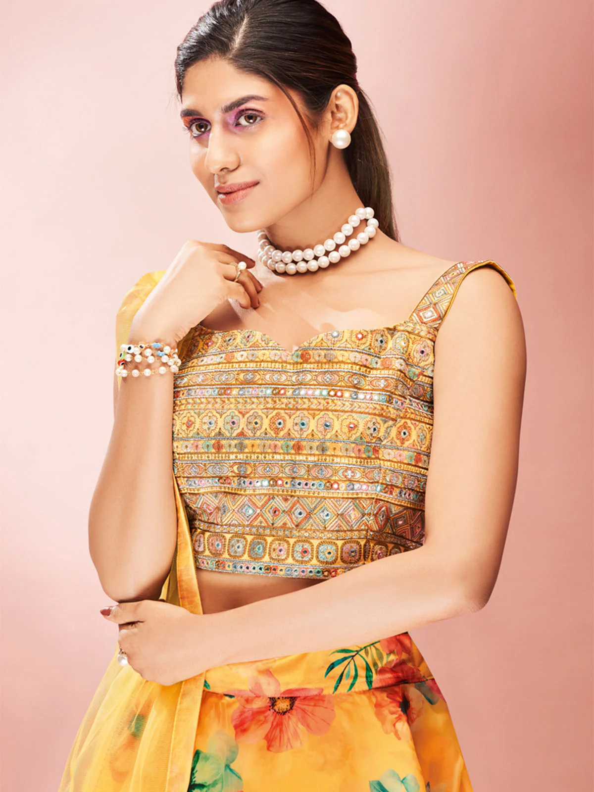 Odette Yellow Printed Organza Stitched Lehenga With Blouse For Women - Image 4