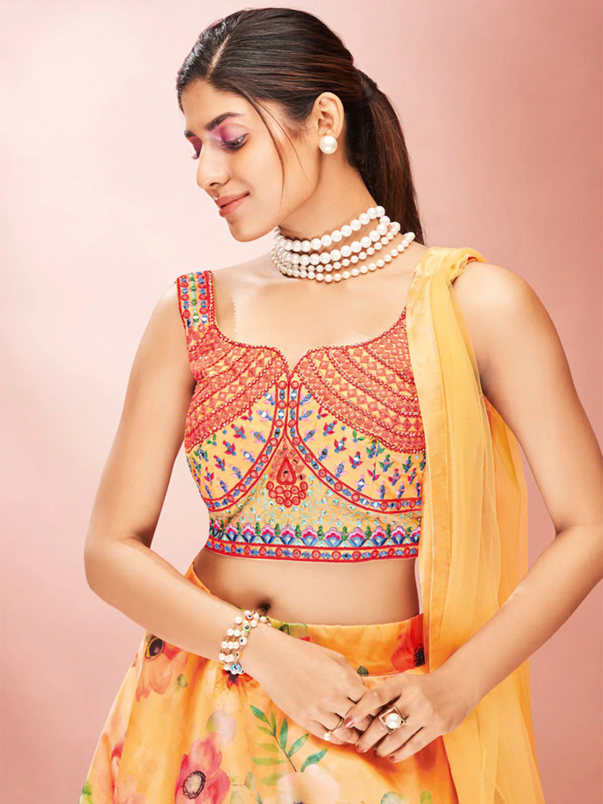 Odette Yellow Printed Organza Stitched Lehenga With Blouse For Women - Image 3