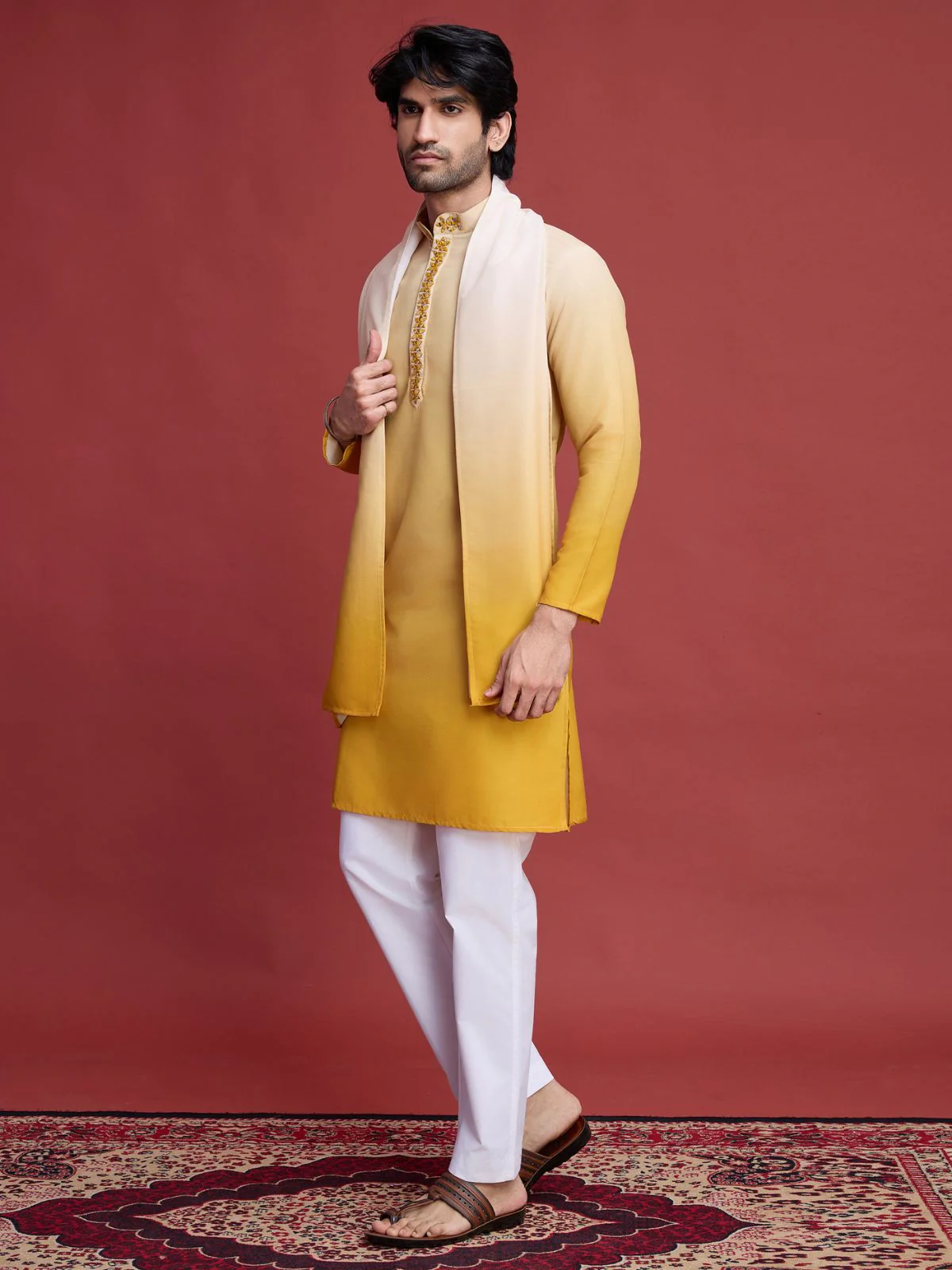 Odette Yellow Rayon Mirror Work Stitched Kurta With Dupatta For Men - Image 2