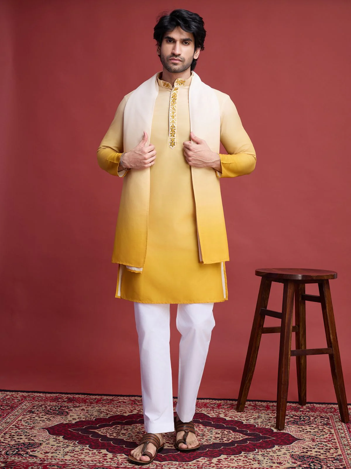 Odette Yellow Rayon Mirror Work Stitched Kurta With Dupatta For Men - Image 3