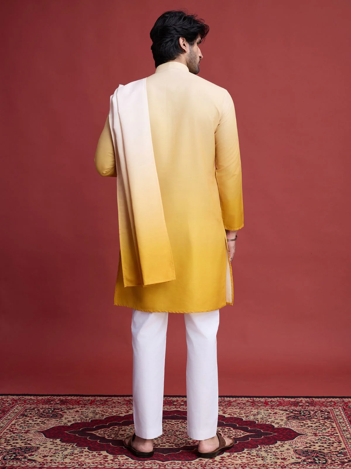 Odette Yellow Rayon Mirror Work Stitched Kurta With Dupatta For Men - Image 4
