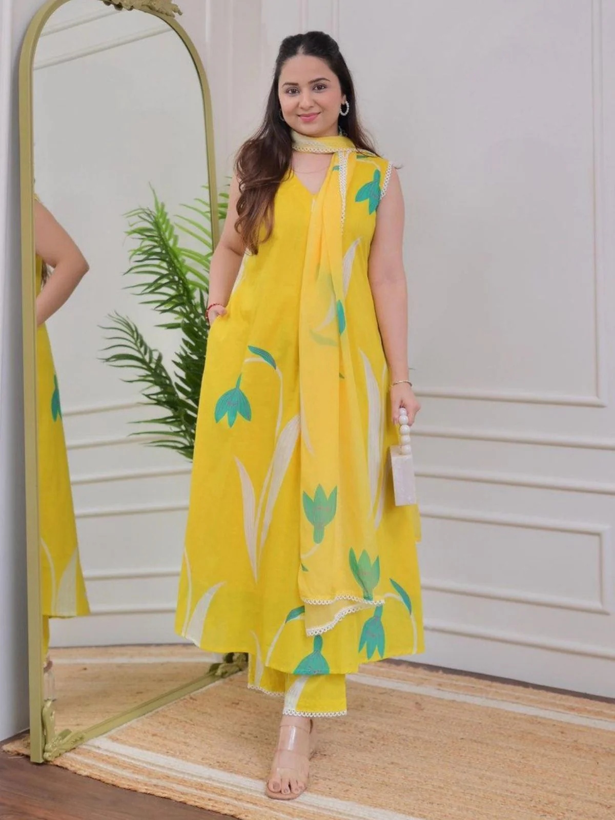 Odette Yellow Rayon Printed Stitched Kurta Set For Women