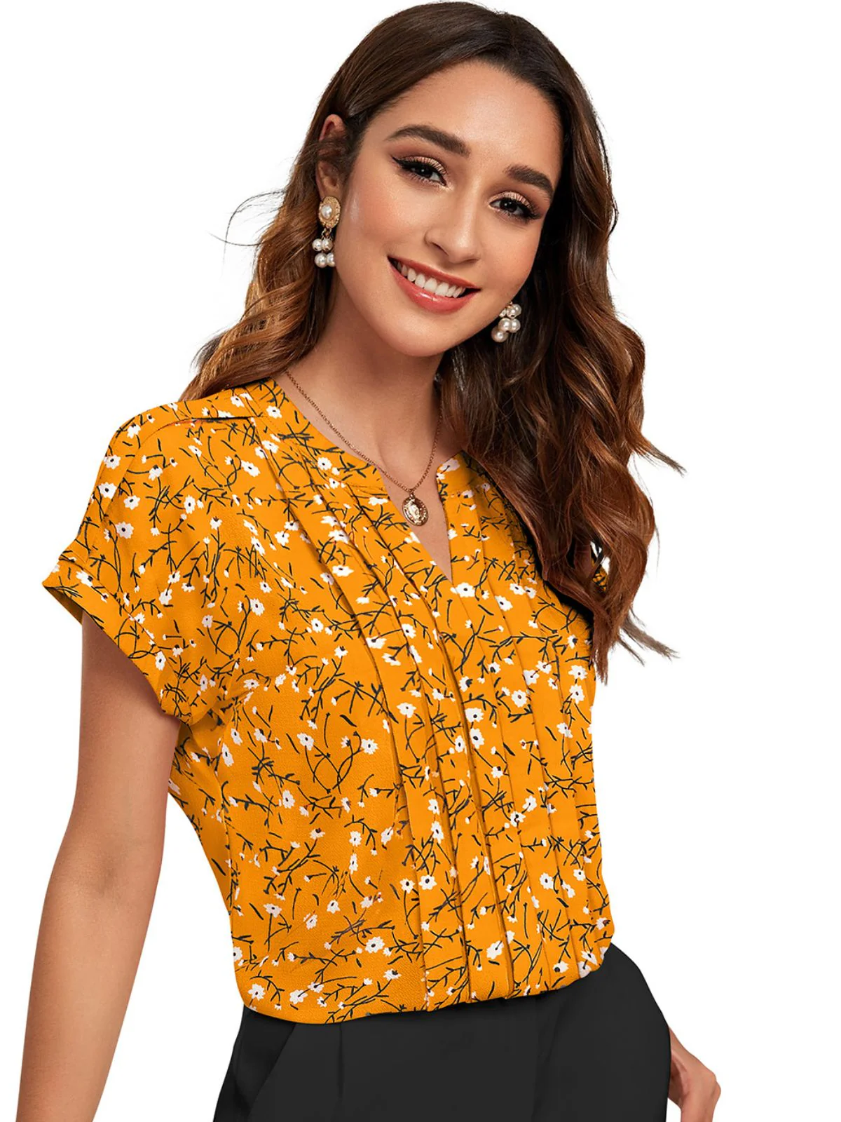 Odette Yellow Cotton Blend Printed Top For Women - Image 2