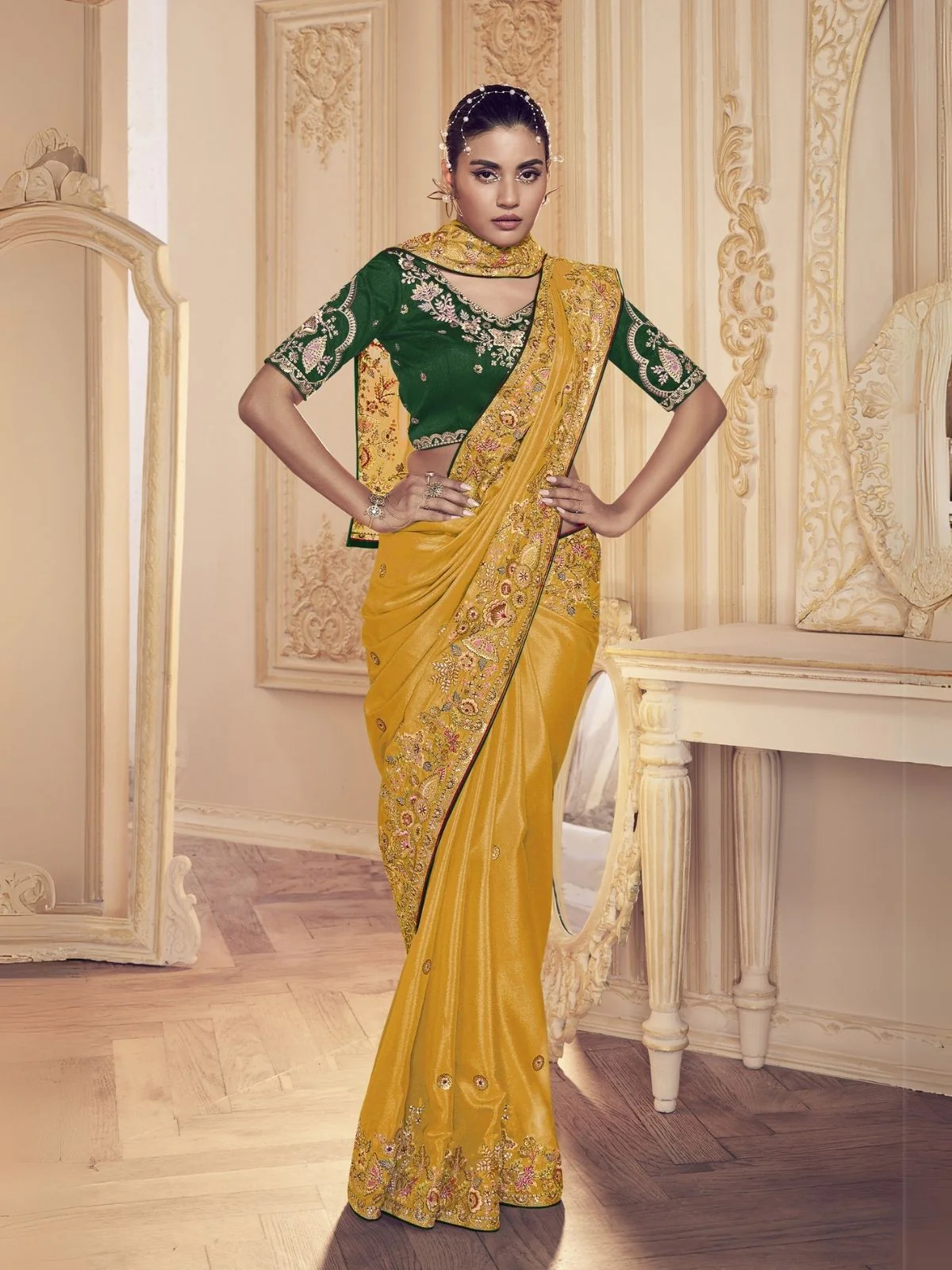 Odette Yellow Satin Embroidered Elegant Saree For Women