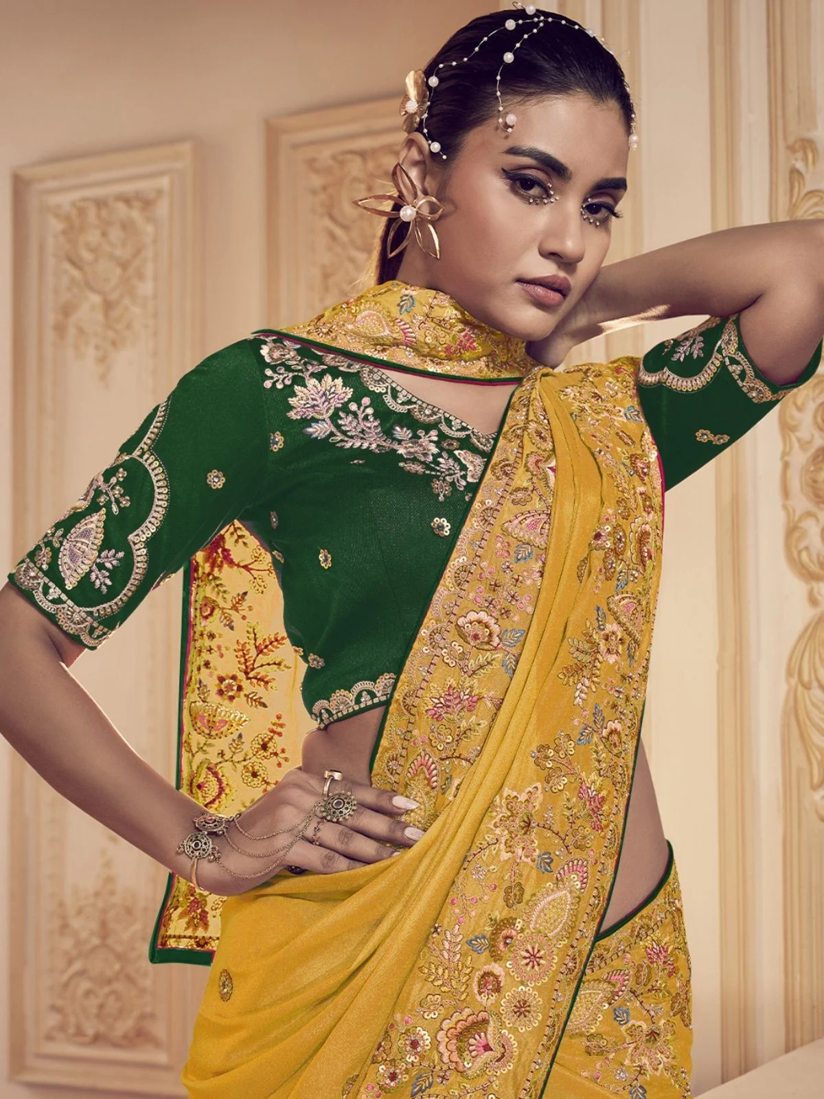 Odette Yellow Satin Embroidered Elegant Saree For Women - Image 3