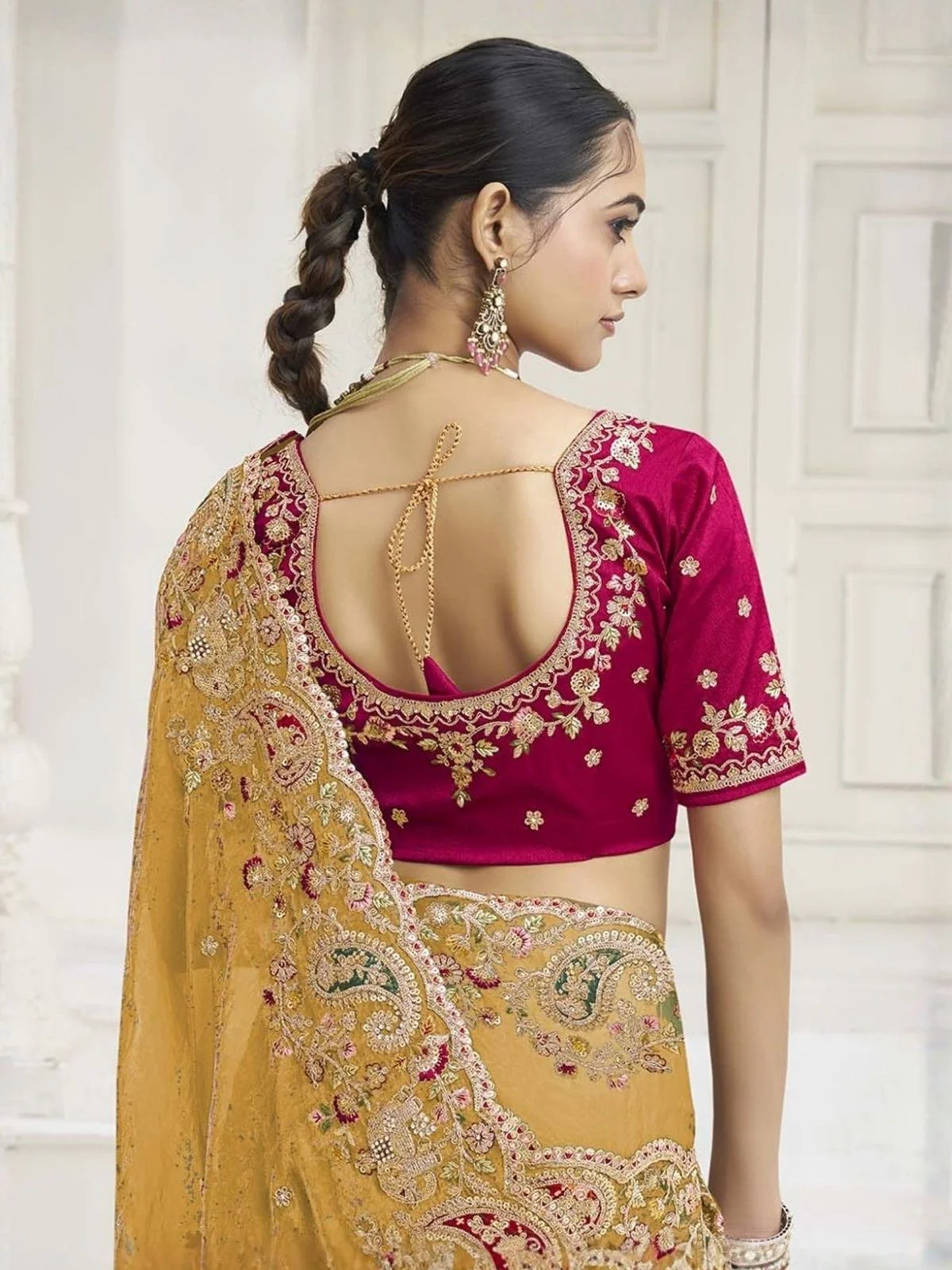 Odette Yellow Satin Embroidered Saree For Women - Image 3