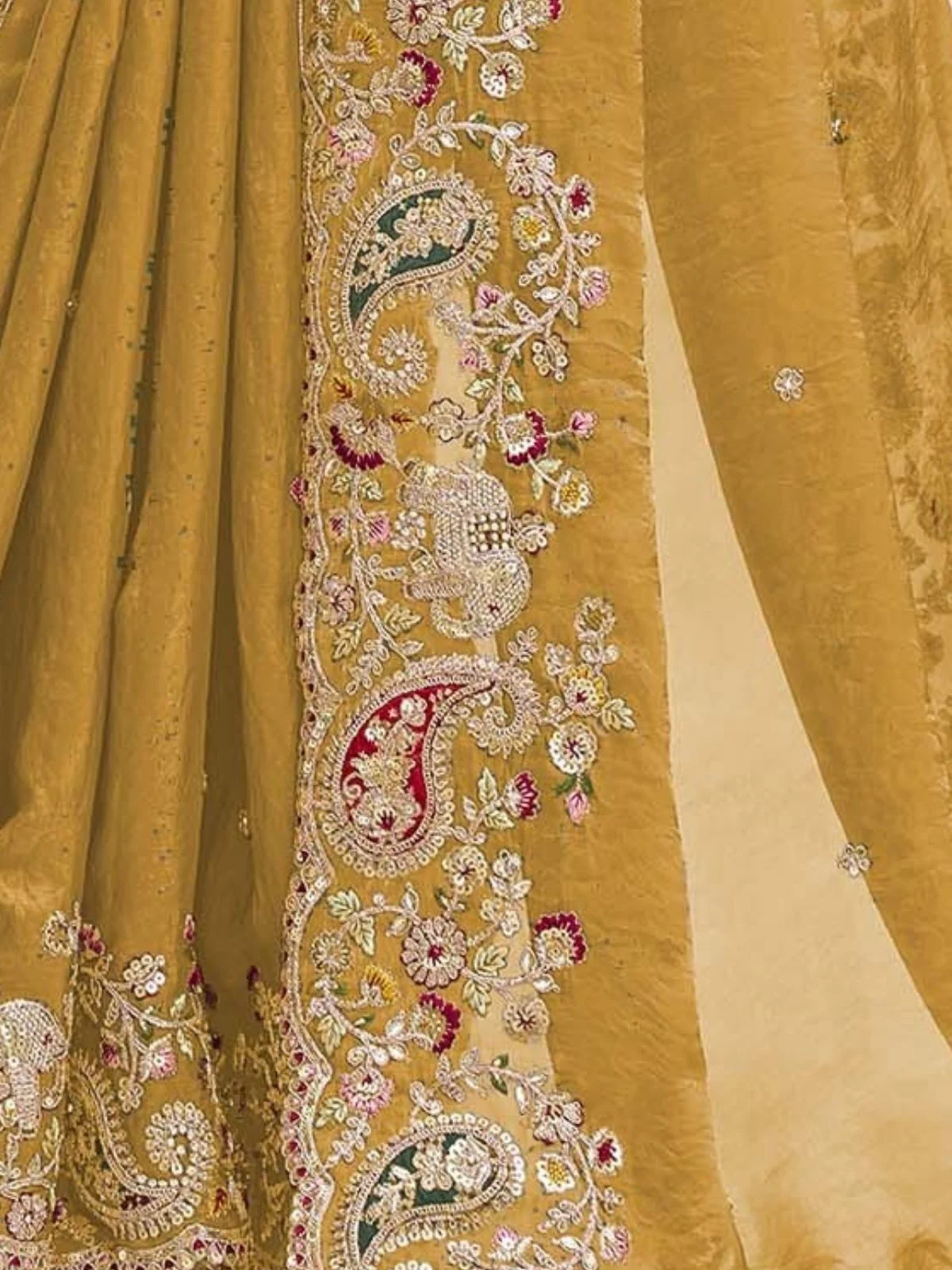 Odette Yellow Satin Embroidered Saree For Women - Image 4