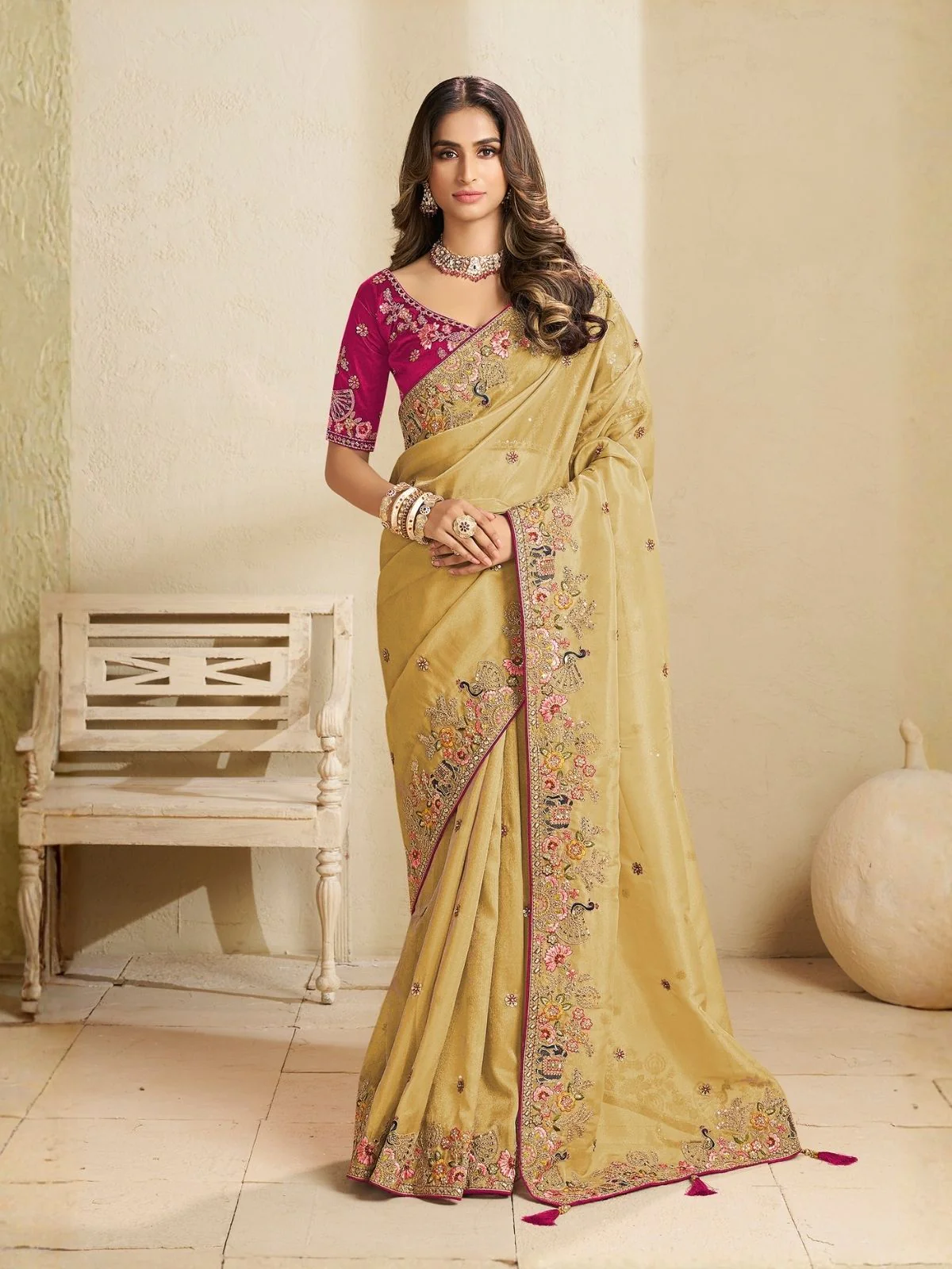 Odette Yellow Satin Embroidered Saree For Women