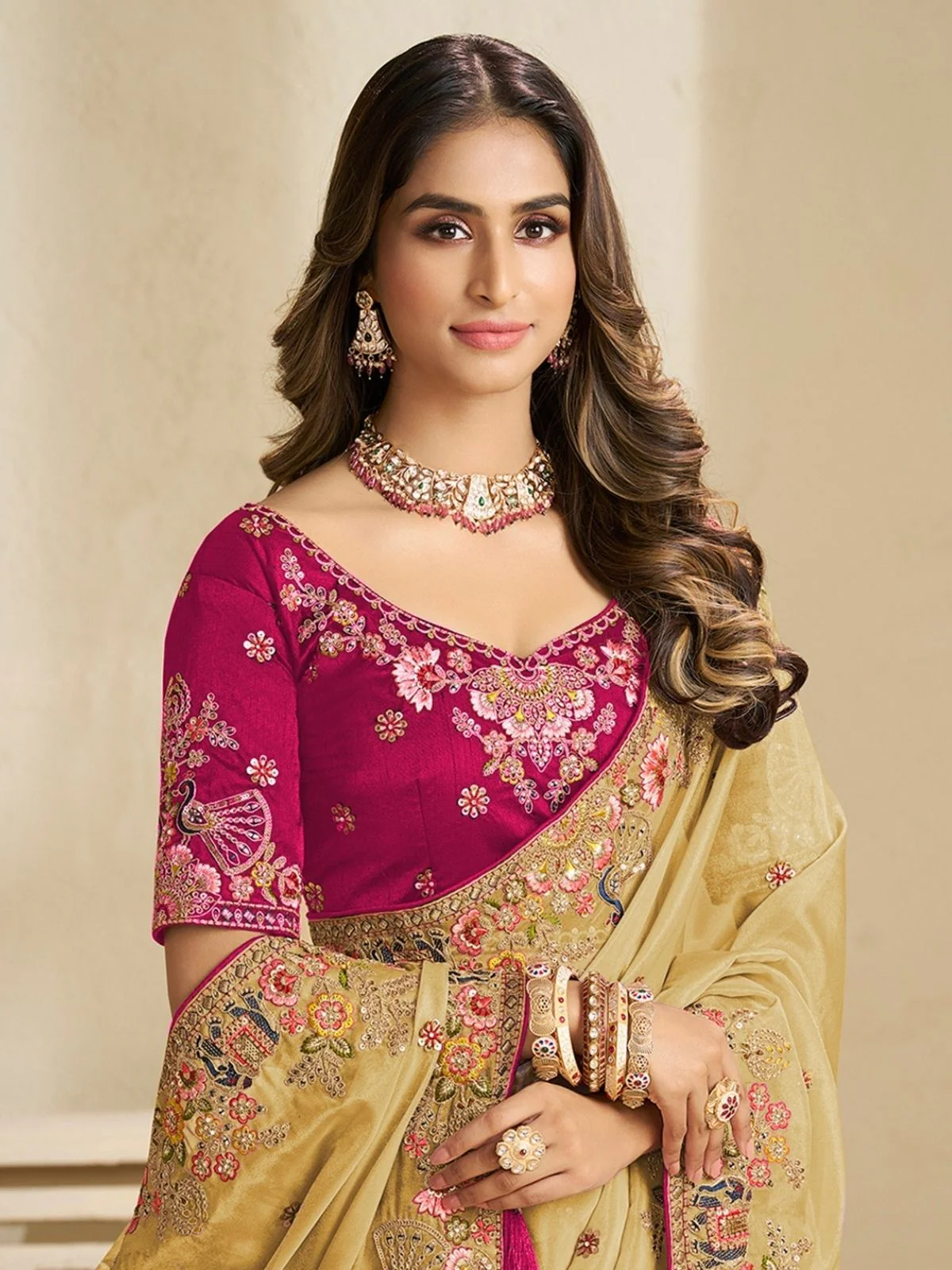 Odette Yellow Satin Embroidered Saree For Women - Image 2