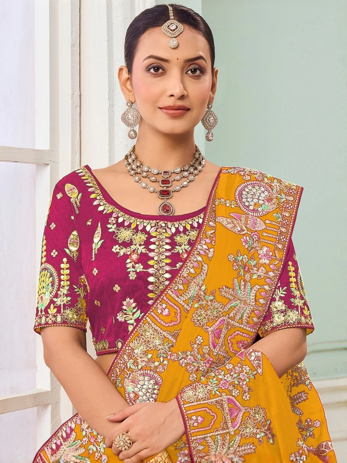 Odette Yellow Satin Embroidered Saree For Women - Image 2