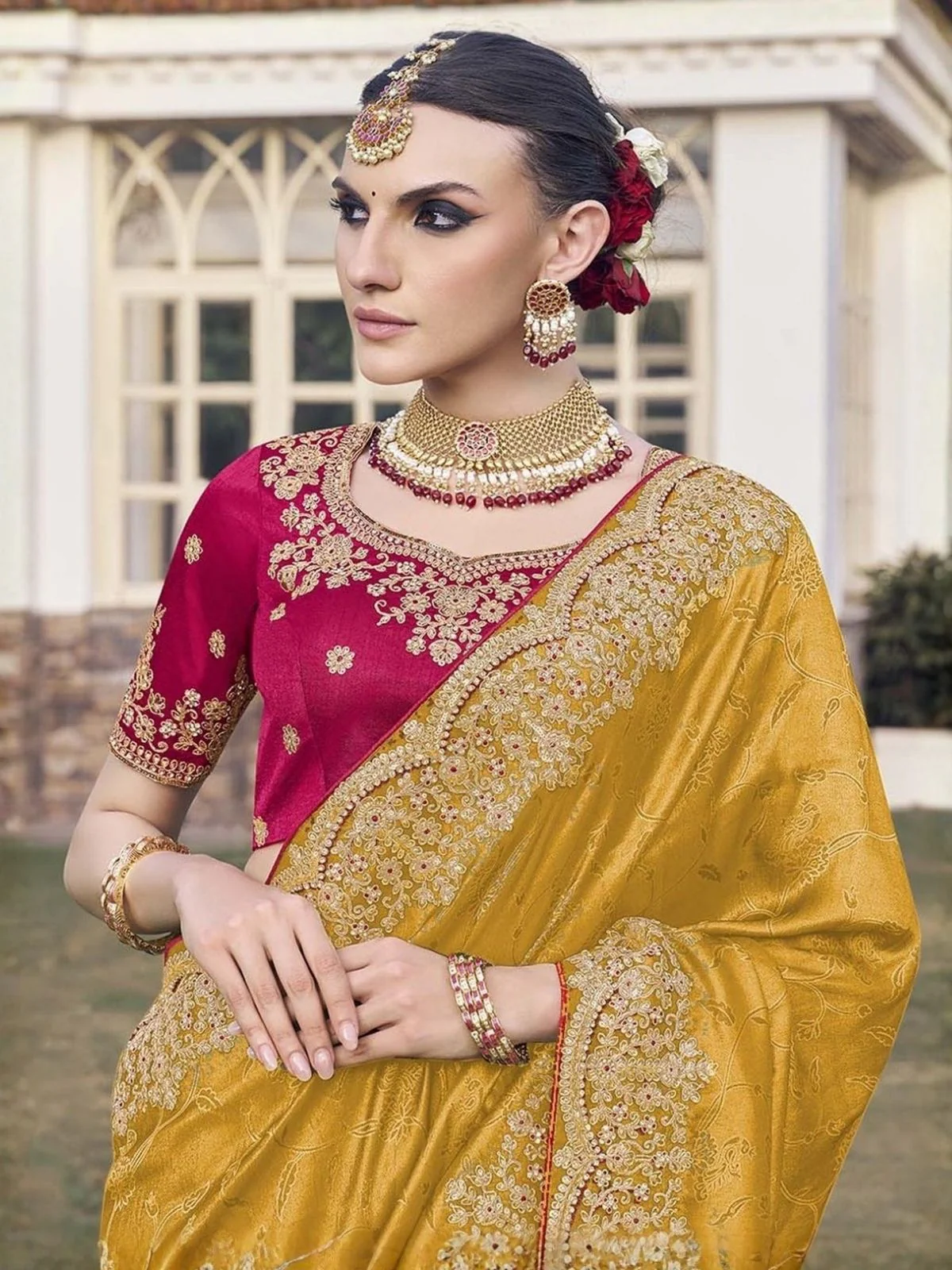 Odette Yellow Satin Embroidered Saree For Women - Image 2