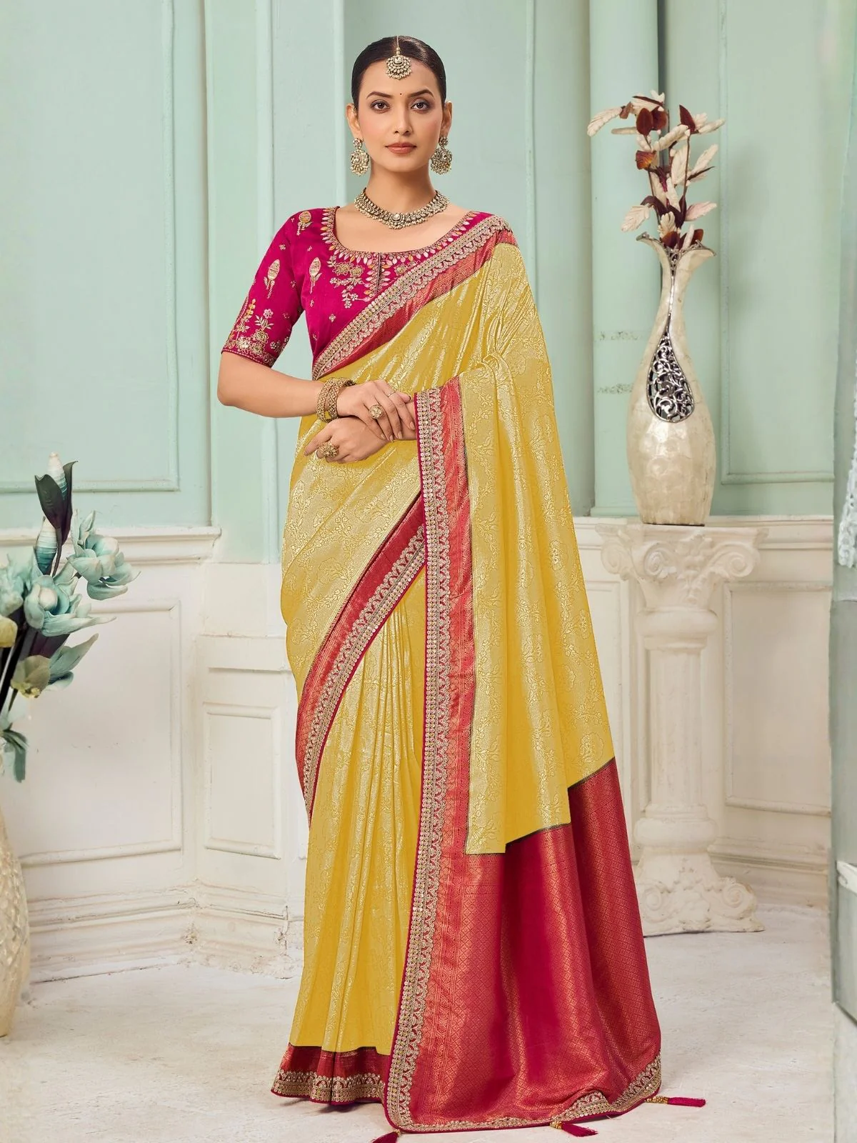 Odette Yellow Satin Embroidered Saree For Women