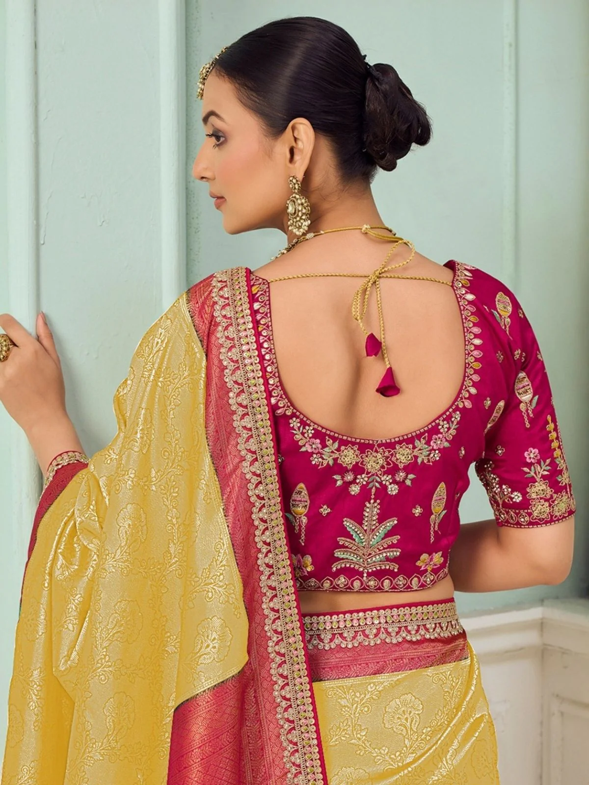 Odette Yellow Satin Embroidered Saree For Women - Image 3