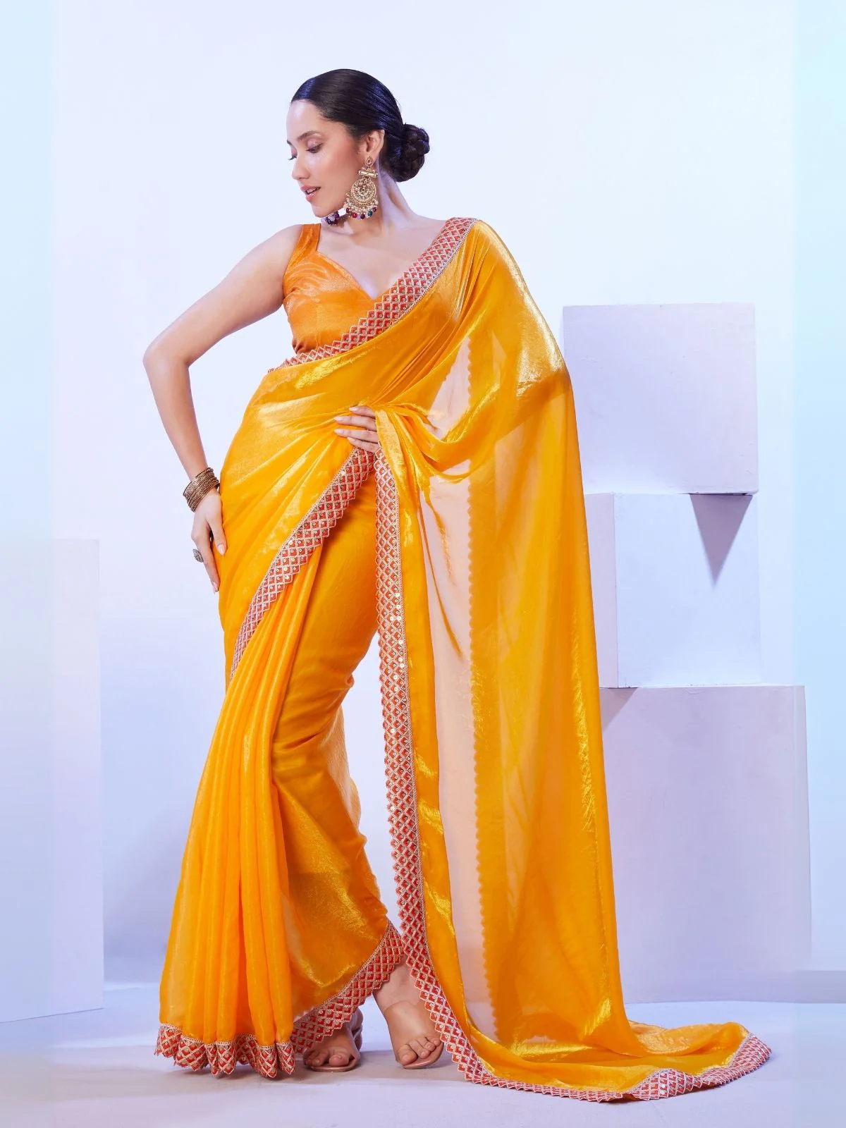 Odette Yellow Satin Lace Work Saree With Unstitched Blouse For Women - Image 2
