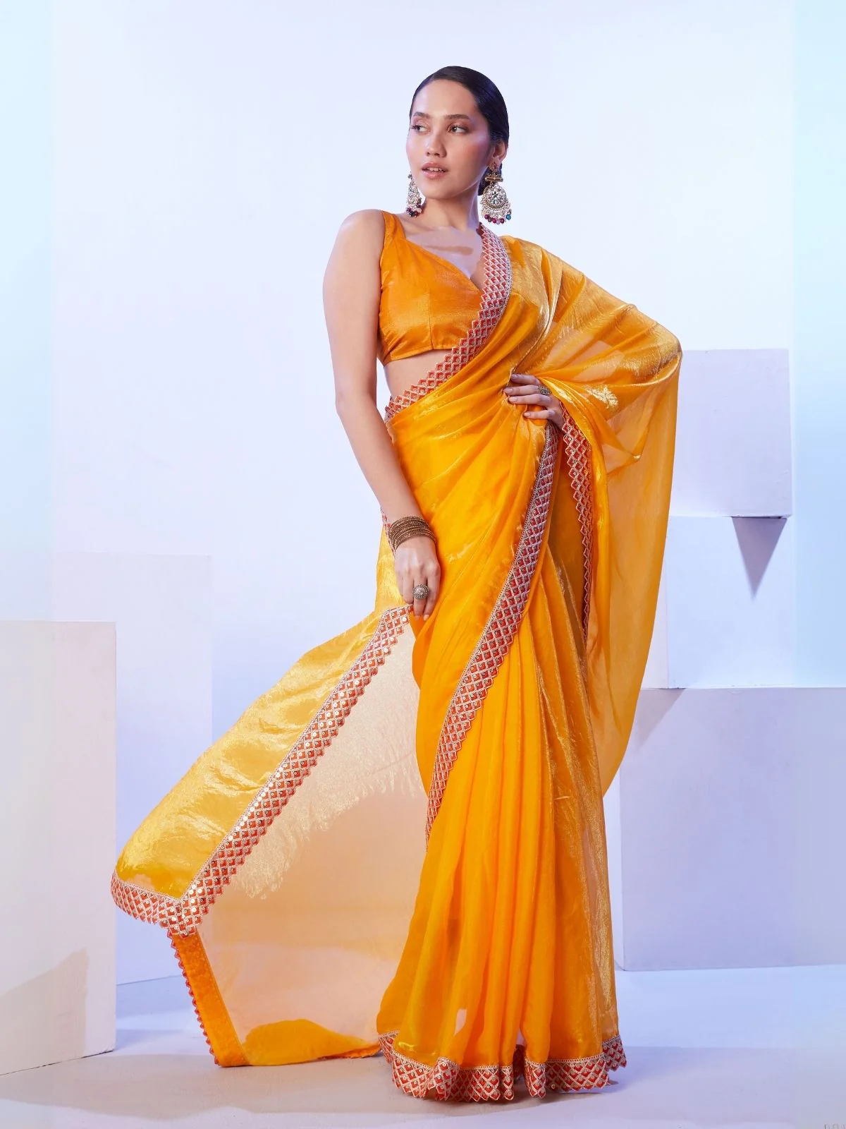 Odette Yellow Satin Lace Work Saree With Unstitched Blouse For Women - Image 3