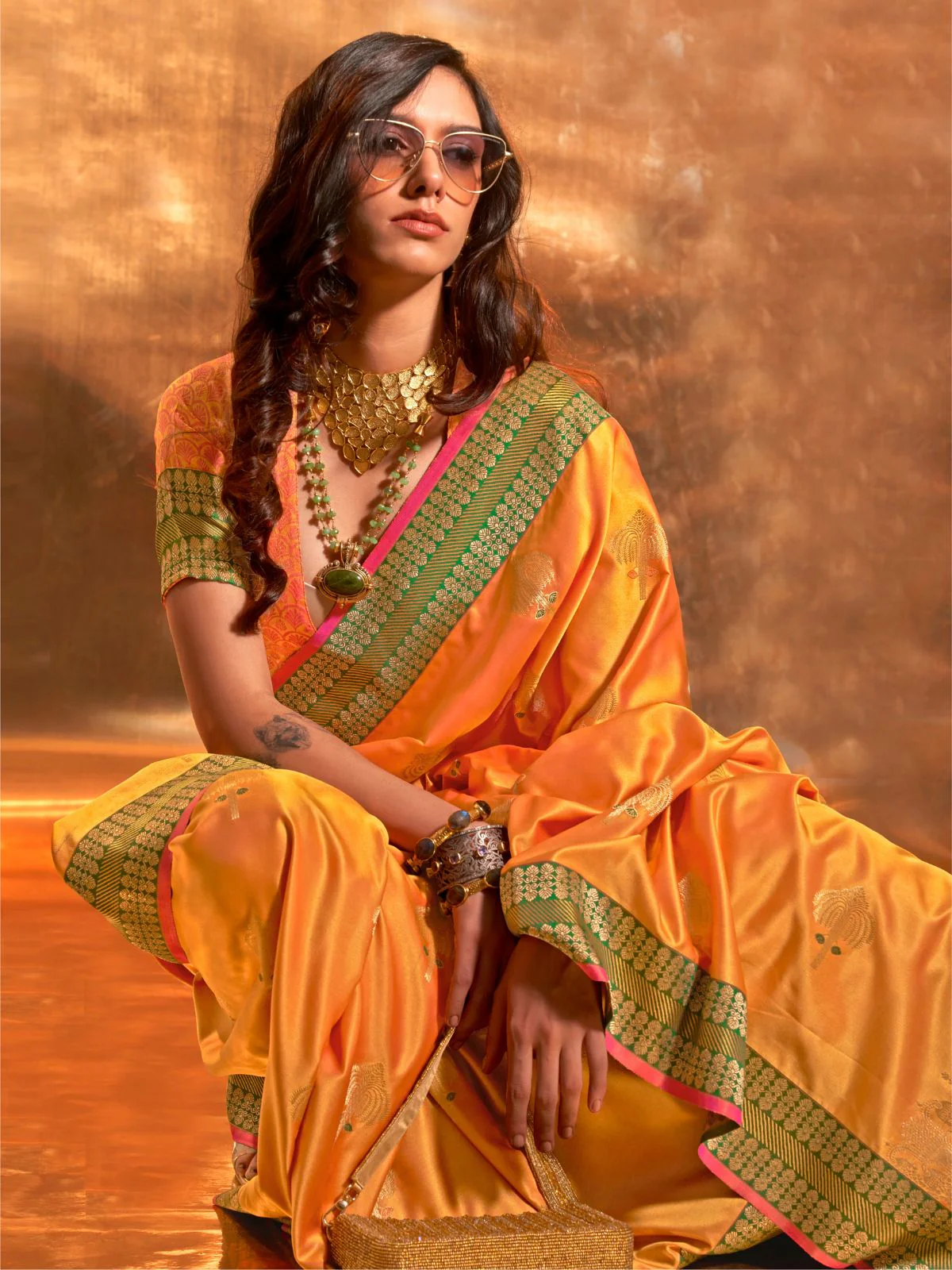 Odette Yellow Satin Woven Saree With Unstitched Blouse For Women - Image 2