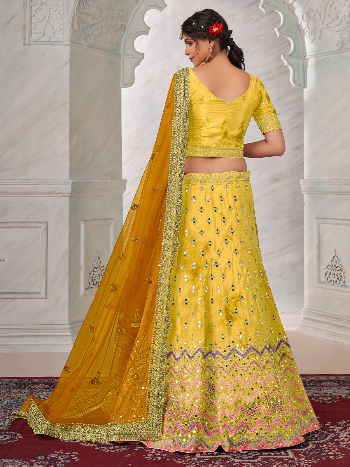 Odette Yellow Shibori Crepe Embroidered Semi Stitched Lehenga With Unstitched Blouse for Women - Image 3