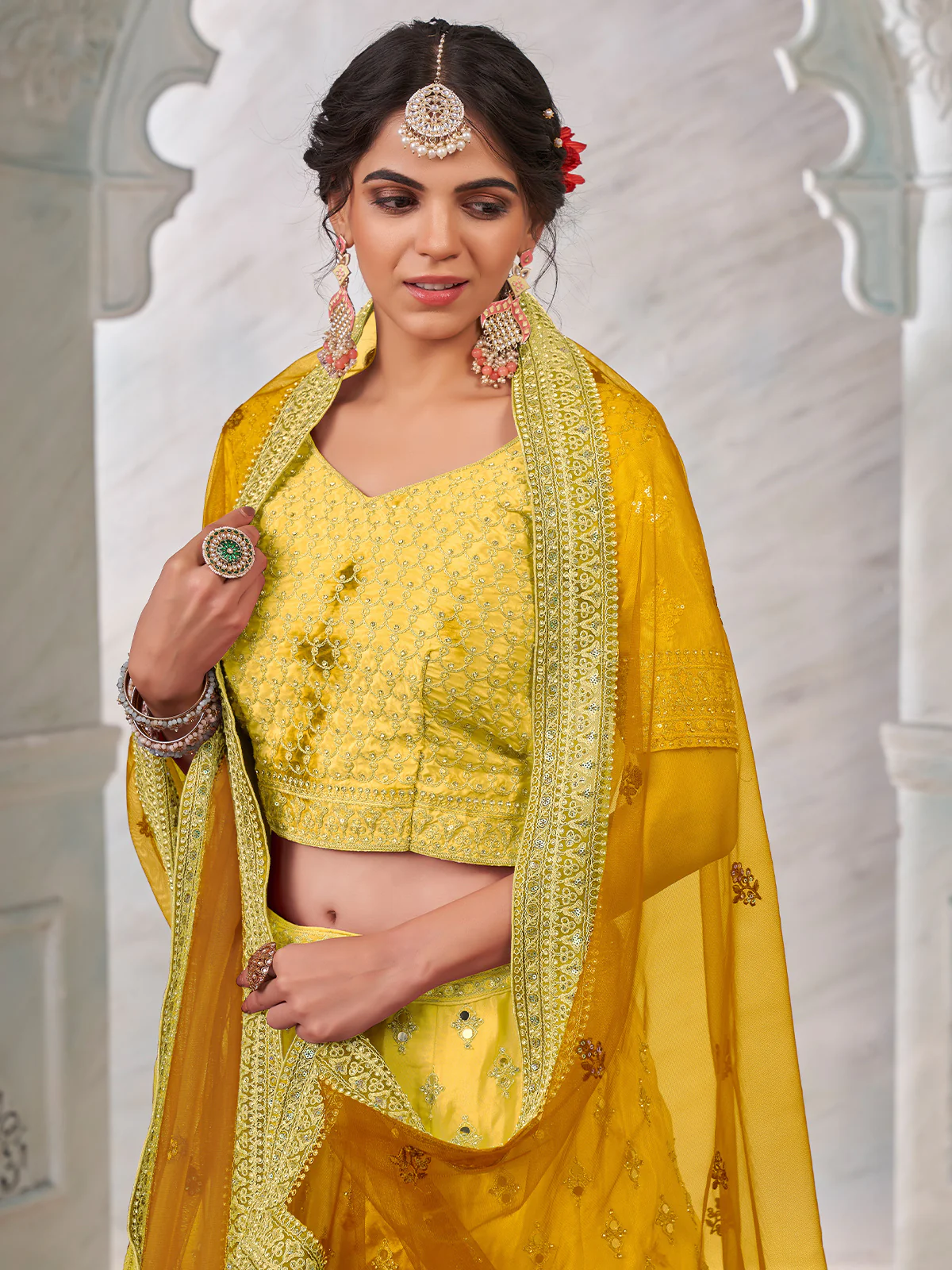 Odette Yellow Shibori Crepe Embroidered Semi Stitched Lehenga With Unstitched Blouse for Women - Image 4