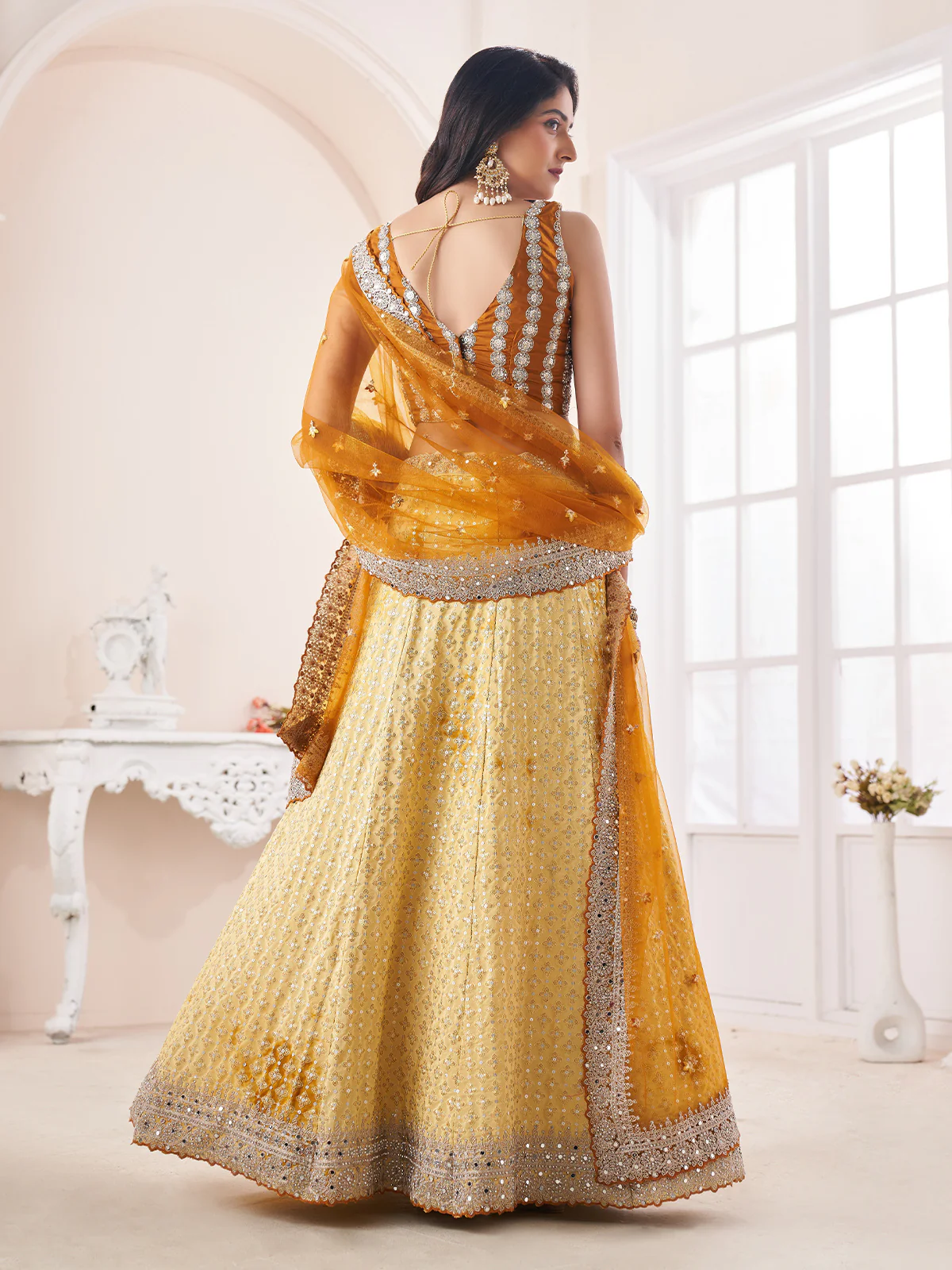 Odette Yellow Shibori Crepe Embroidered Semi Stitched Lehenga With Unstitched Blouse for Women - Image 3