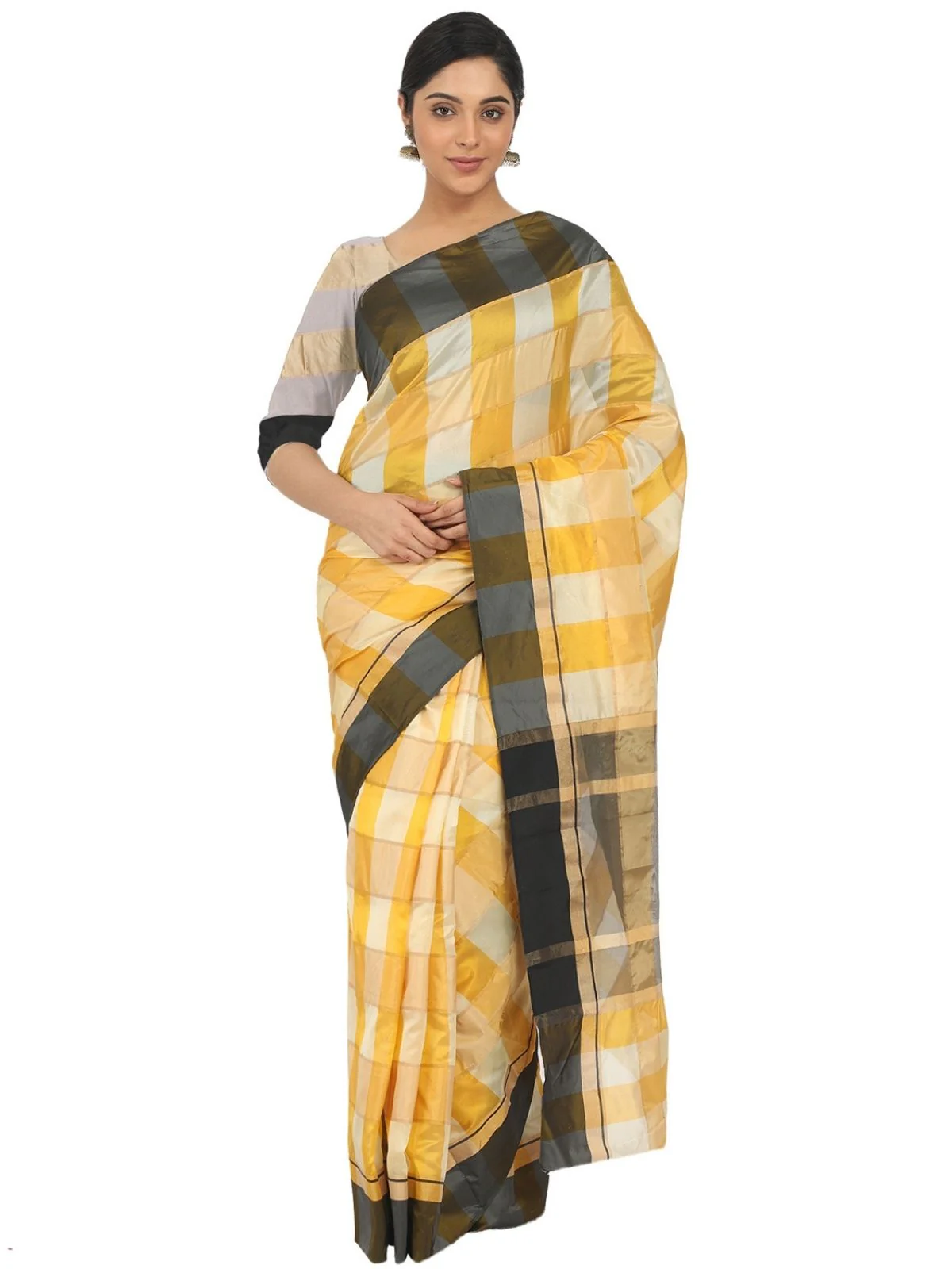 Odette Yellow Silk Blend Checked Saree For Women