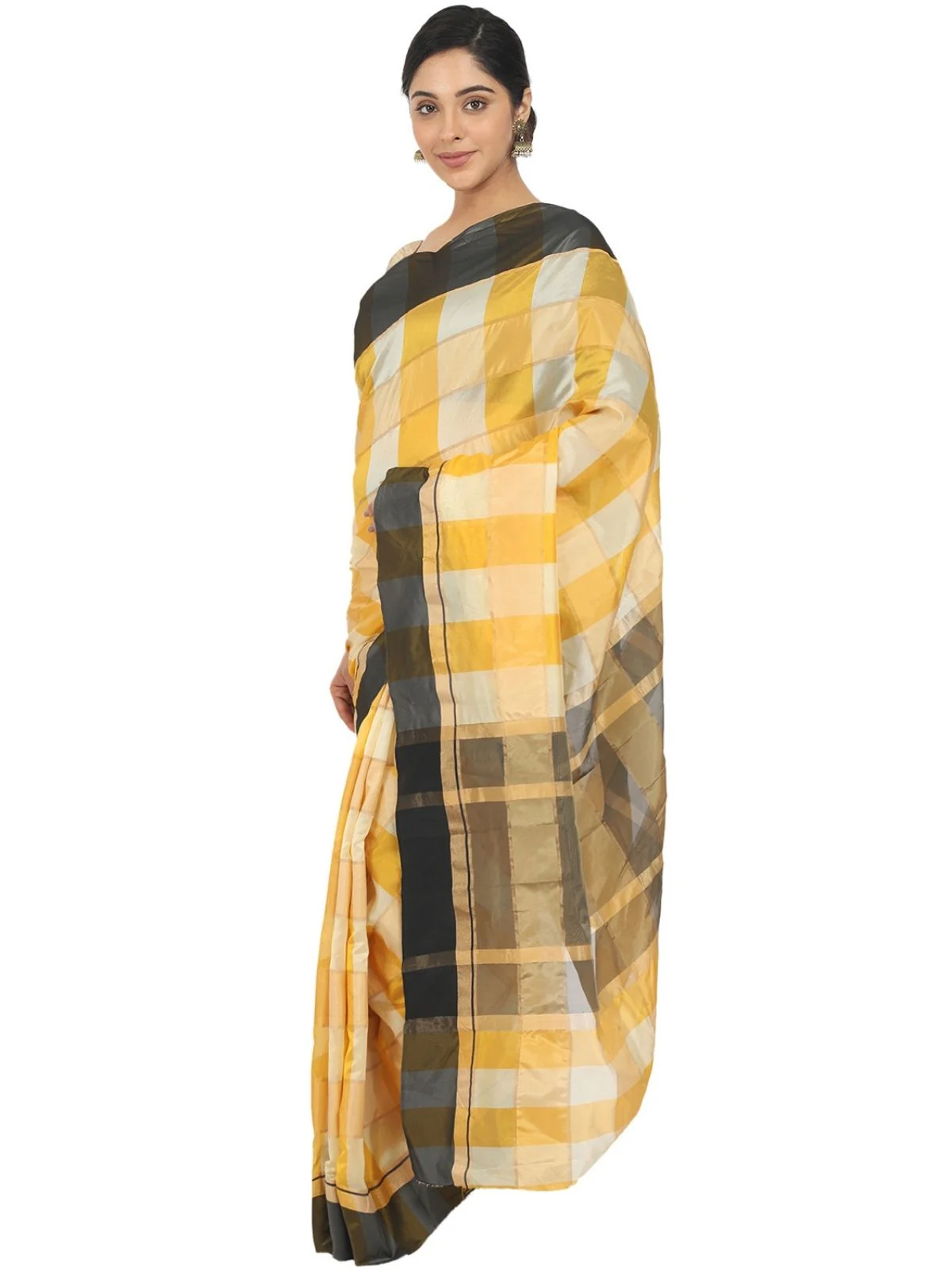 Odette Yellow Silk Blend Checked Saree For Women - Image 3