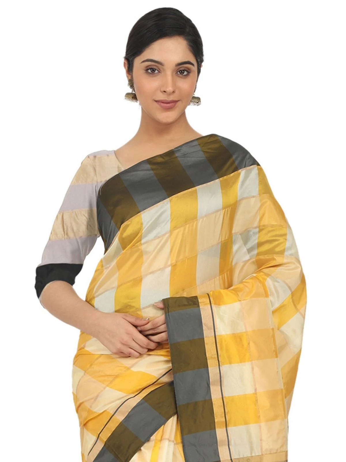 Odette Yellow Silk Blend Checked Saree For Women - Image 5