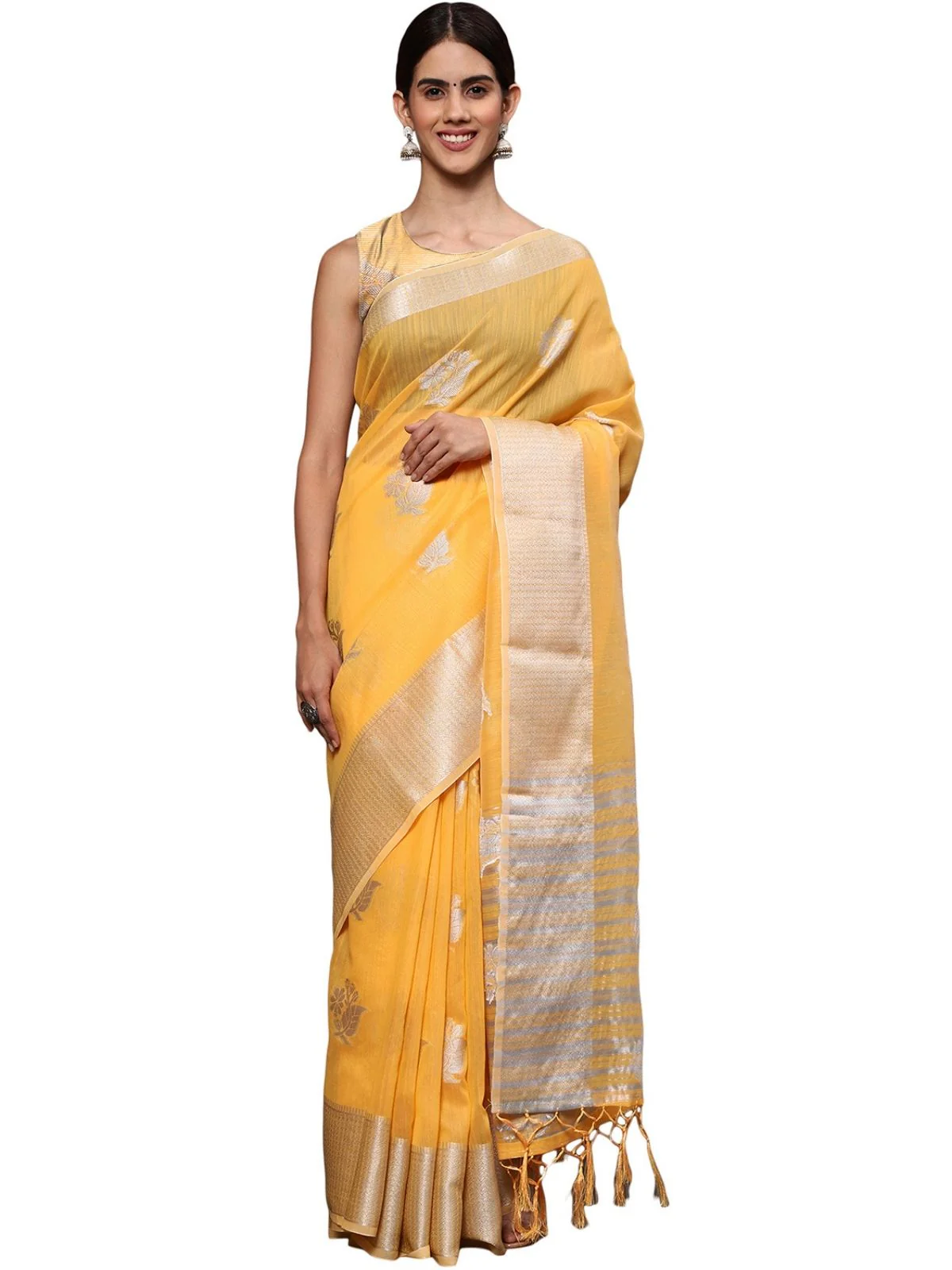 Odette Yellow Silk Blend Embellished Saree For Women