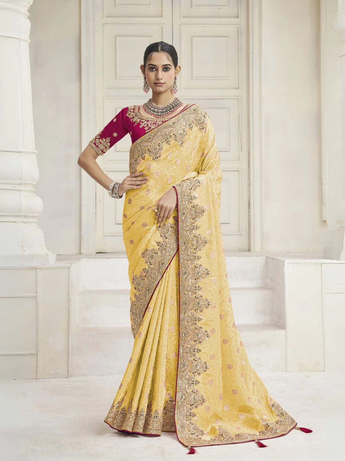 Odette Yellow Silk Blend Embroidered Saree For Women