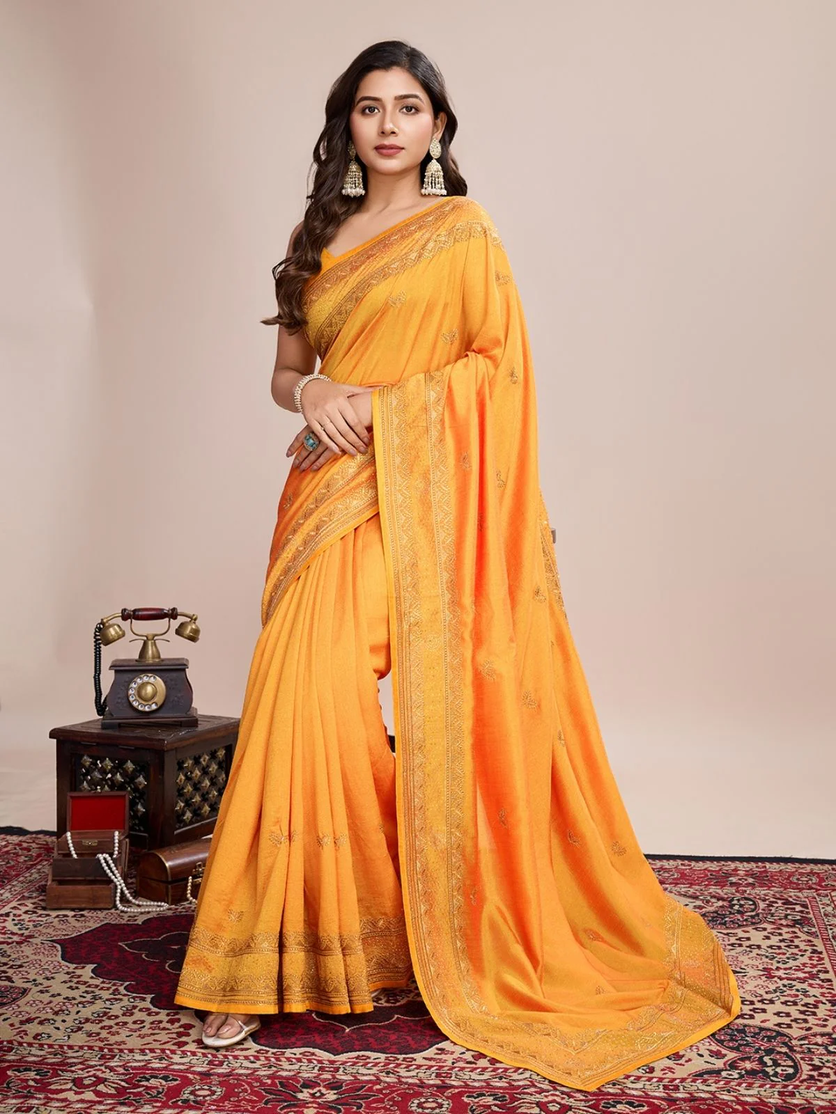Odette Yellow Silk Blend Embroidered Saree With Unstitched Blouse For Women - Image 2