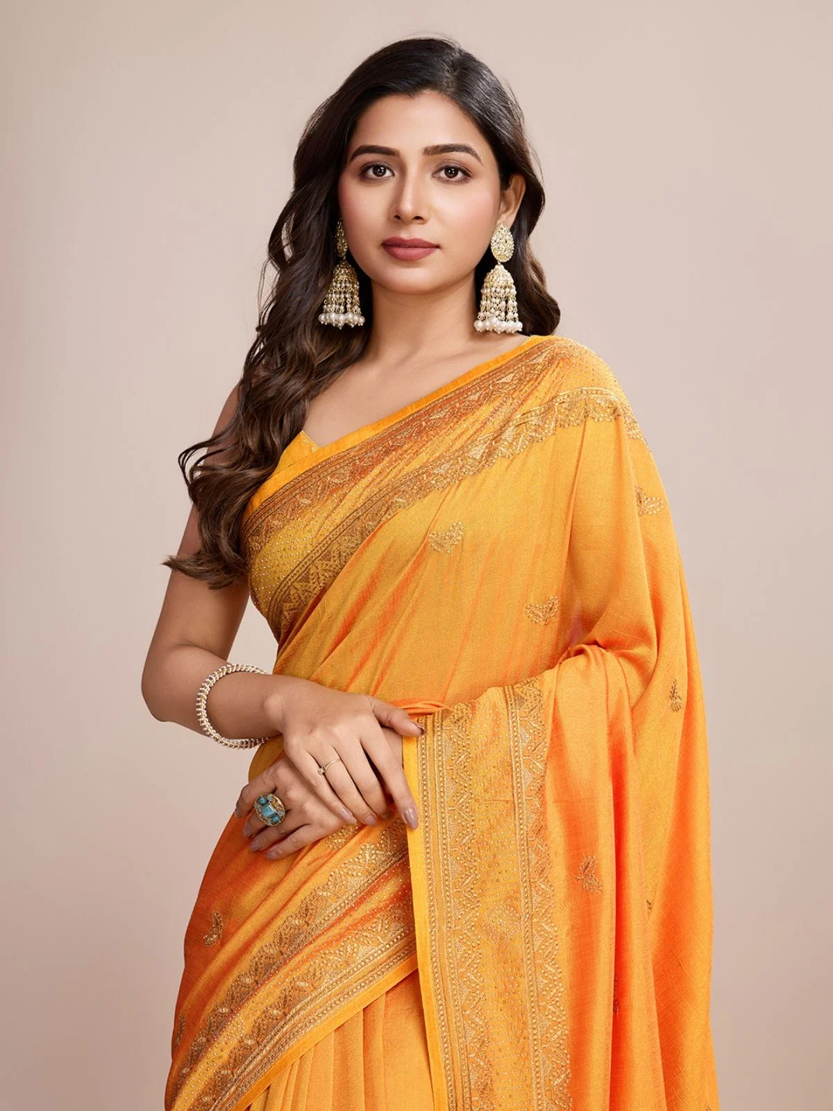 Odette Yellow Silk Blend Embroidered Saree With Unstitched Blouse For Women - Image 4