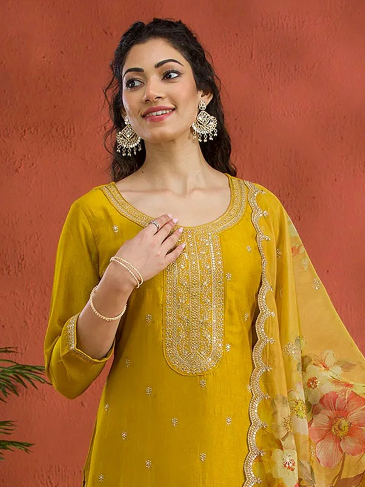 Odette Yellow Silk Blend Embroidered Semi-Sitched Kurta Set For Women - Image 2