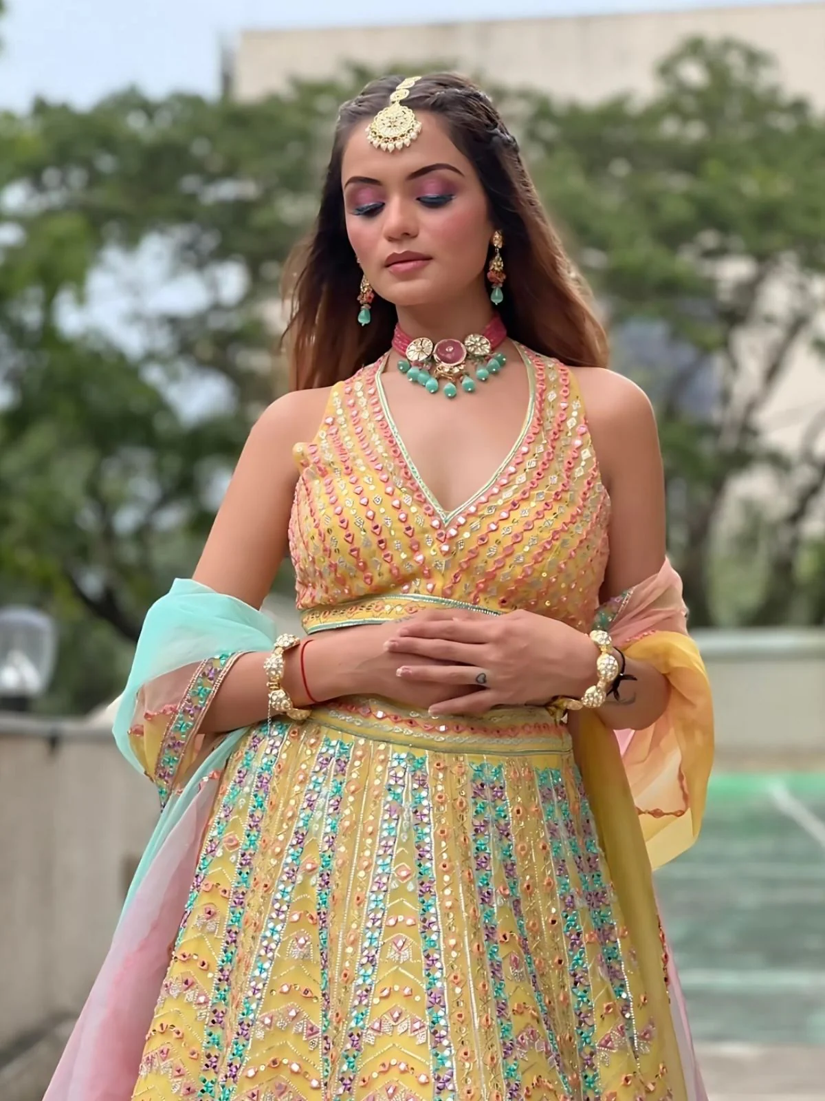 Odette Yellow Silk Blend Embroidered Semi-Stitched lehenga For Women - Image 3