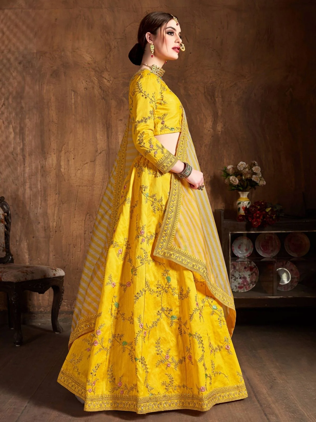 Odette Yellow Silk Blend Embroidered Semi Stitched Lehenga With Blouse For Women - Image 2