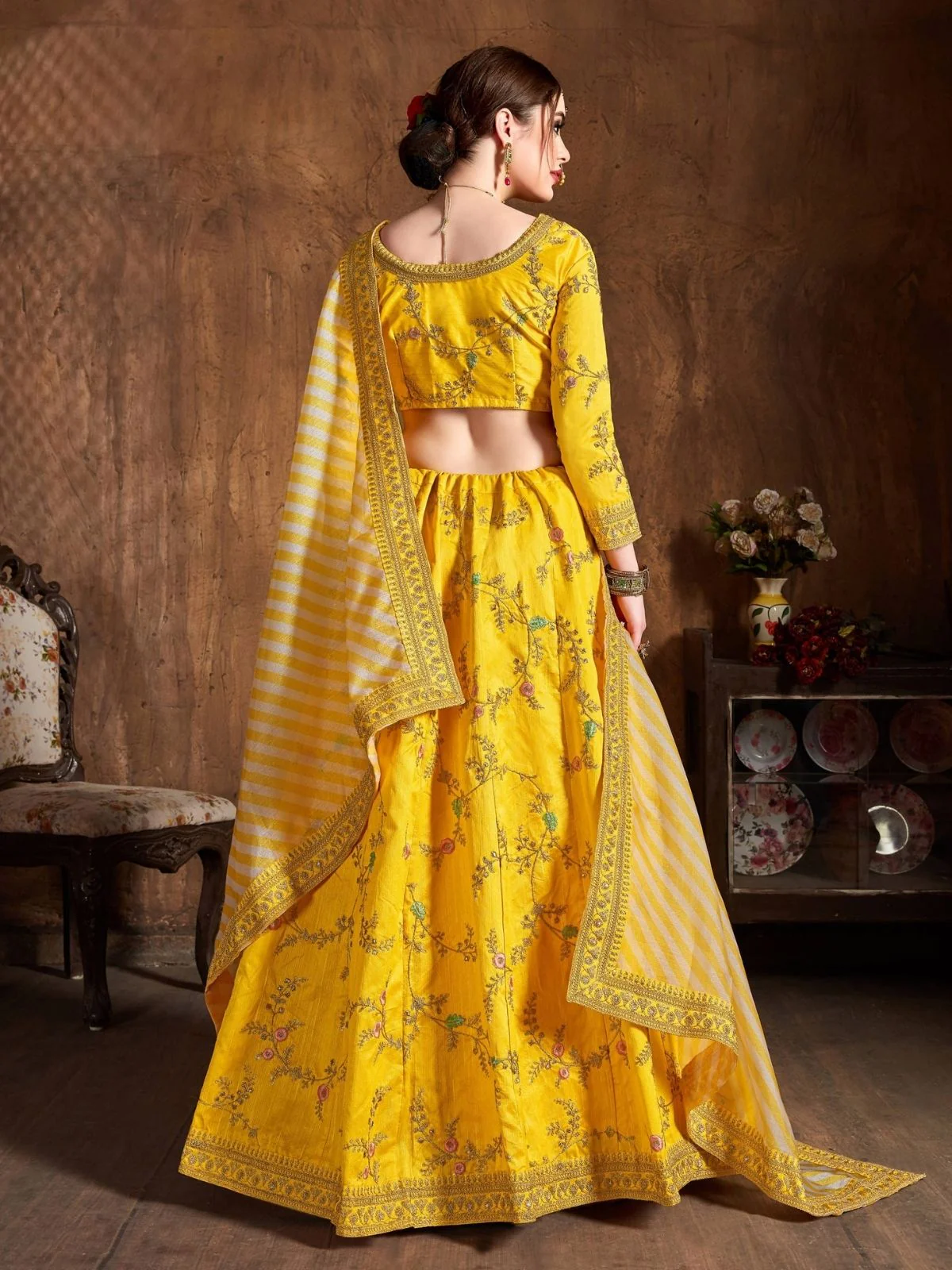 Odette Yellow Silk Blend Embroidered Semi Stitched Lehenga With Blouse For Women - Image 3
