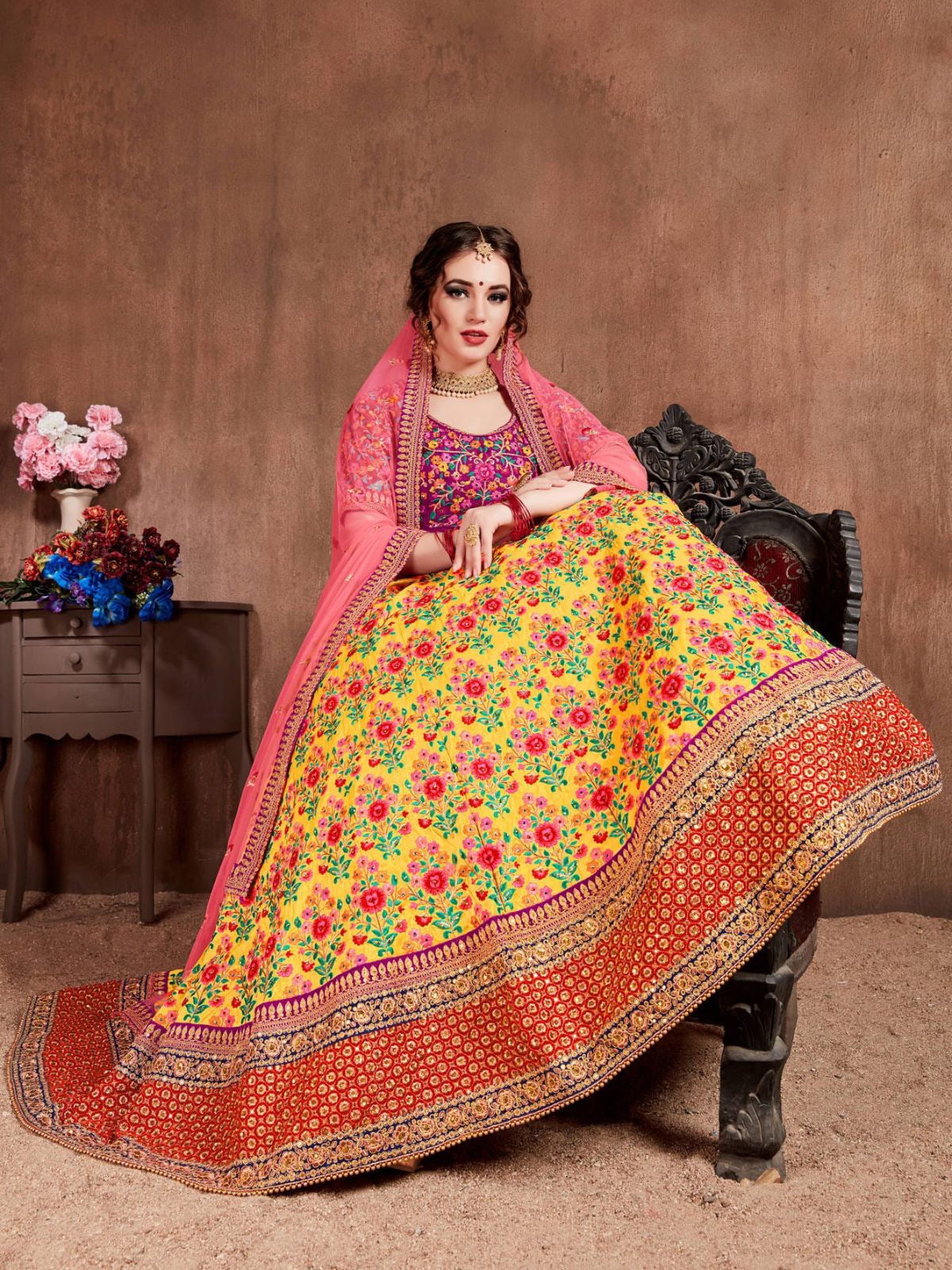 Odette Yellow Silk Blend Embroidered Semi Stitched Lehenga With Blouse For Women - Image 4
