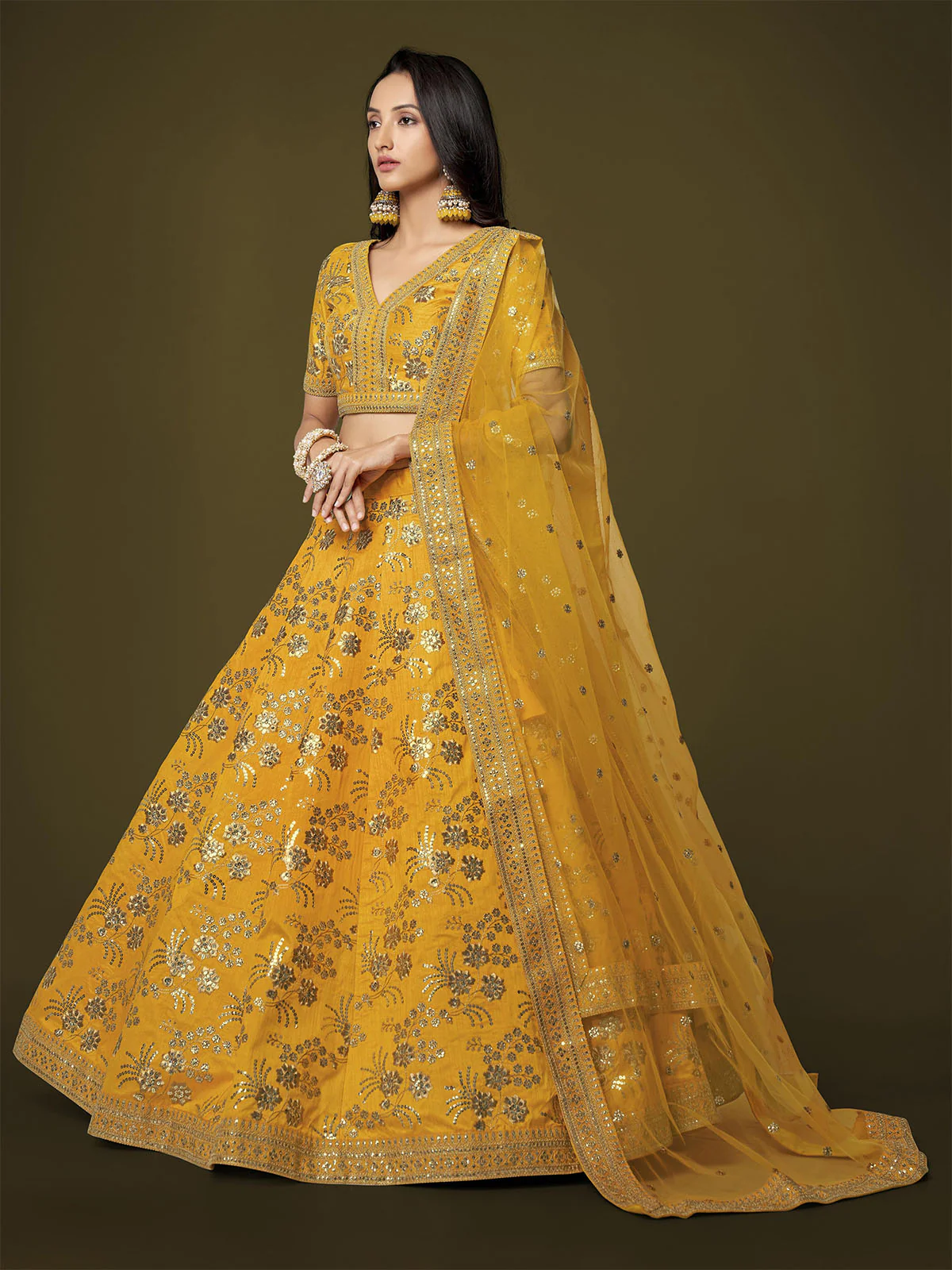 Odette Yellow Silk Blend Embroidered Semi Stitched Lehenga With Unstitched Blouse For Women - Image 2