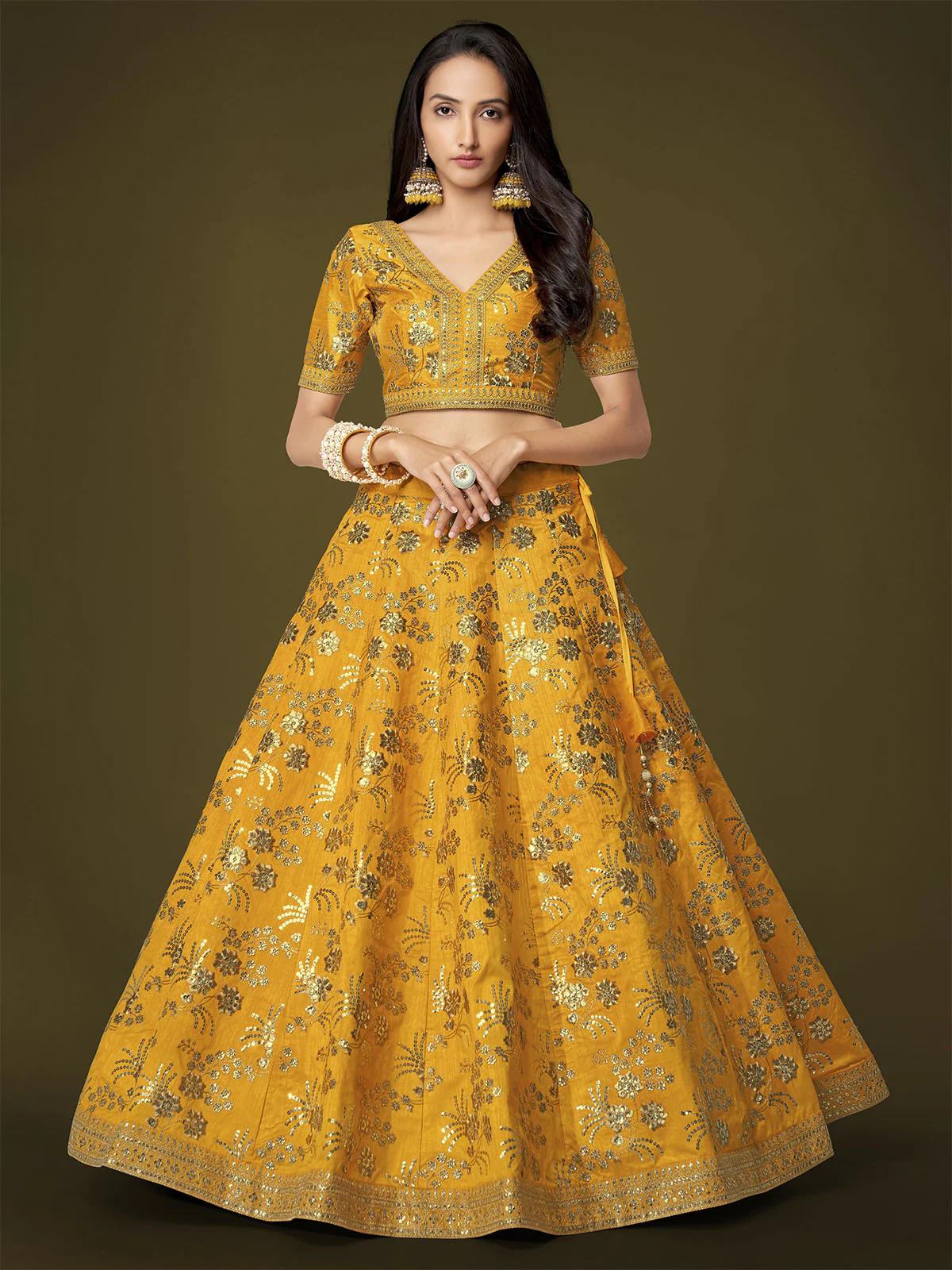 Odette Yellow Silk Blend Embroidered Semi Stitched Lehenga With Unstitched Blouse For Women - Image 4