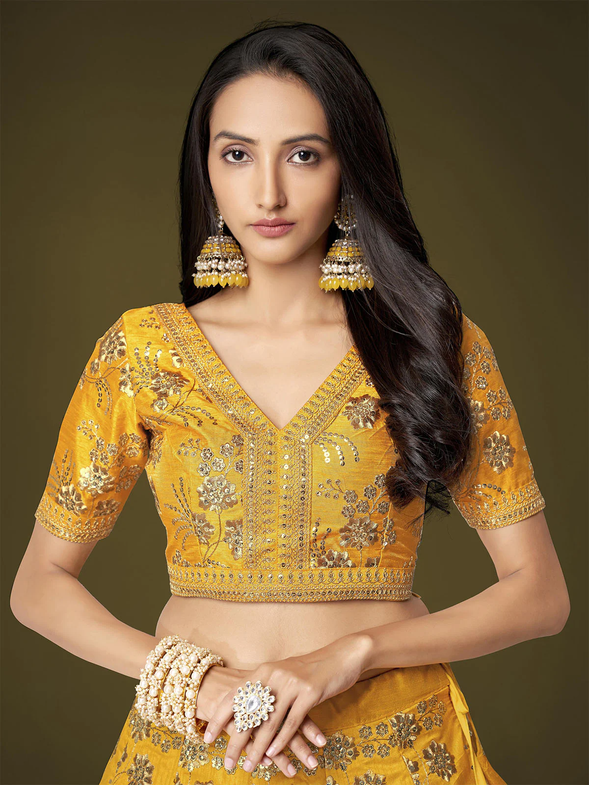 Odette Yellow Silk Blend Embroidered Semi Stitched Lehenga With Unstitched Blouse For Women - Image 5