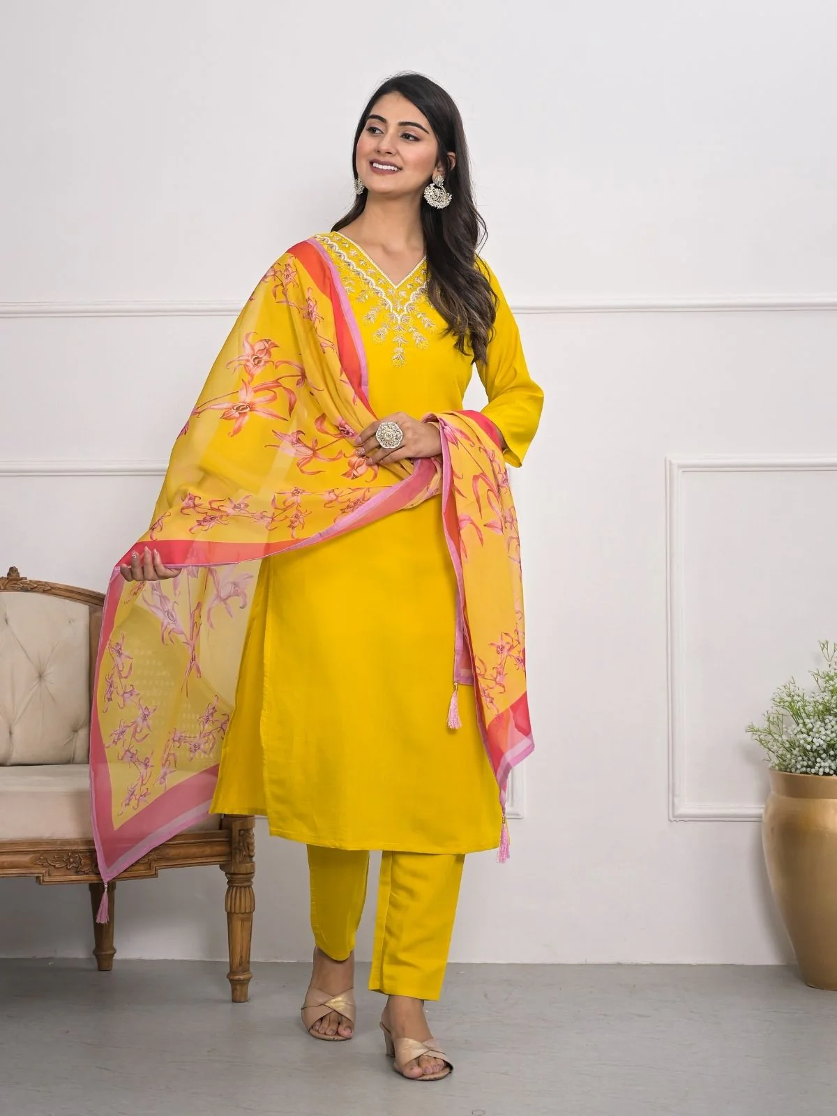 Odette Yellow Silk Blend Embroidered Stitched Kurta Set For Women