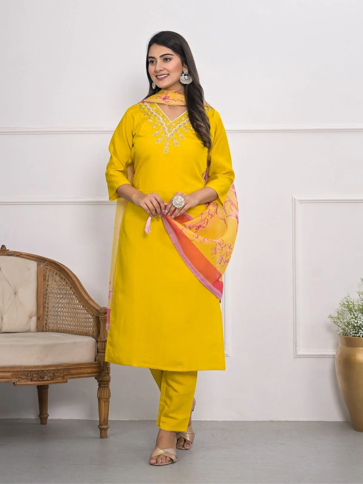 Odette Yellow Silk Blend Embroidered Stitched Kurta Set For Women - Image 2