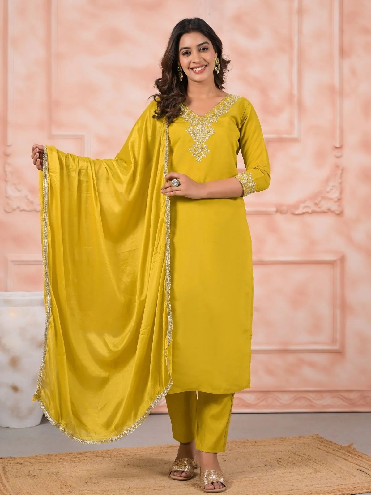 Odette Yellow Silk Blend Embroidered Stitched Kurta Set For Women