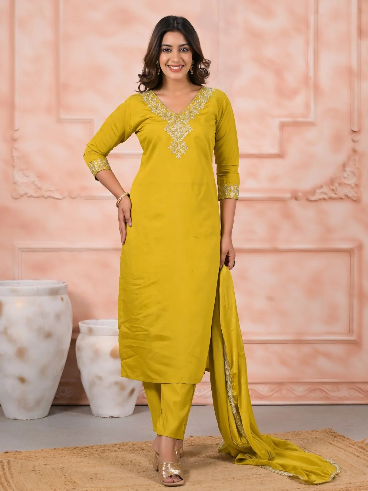 Odette Yellow Silk Blend Embroidered Stitched Kurta Set For Women - Image 2