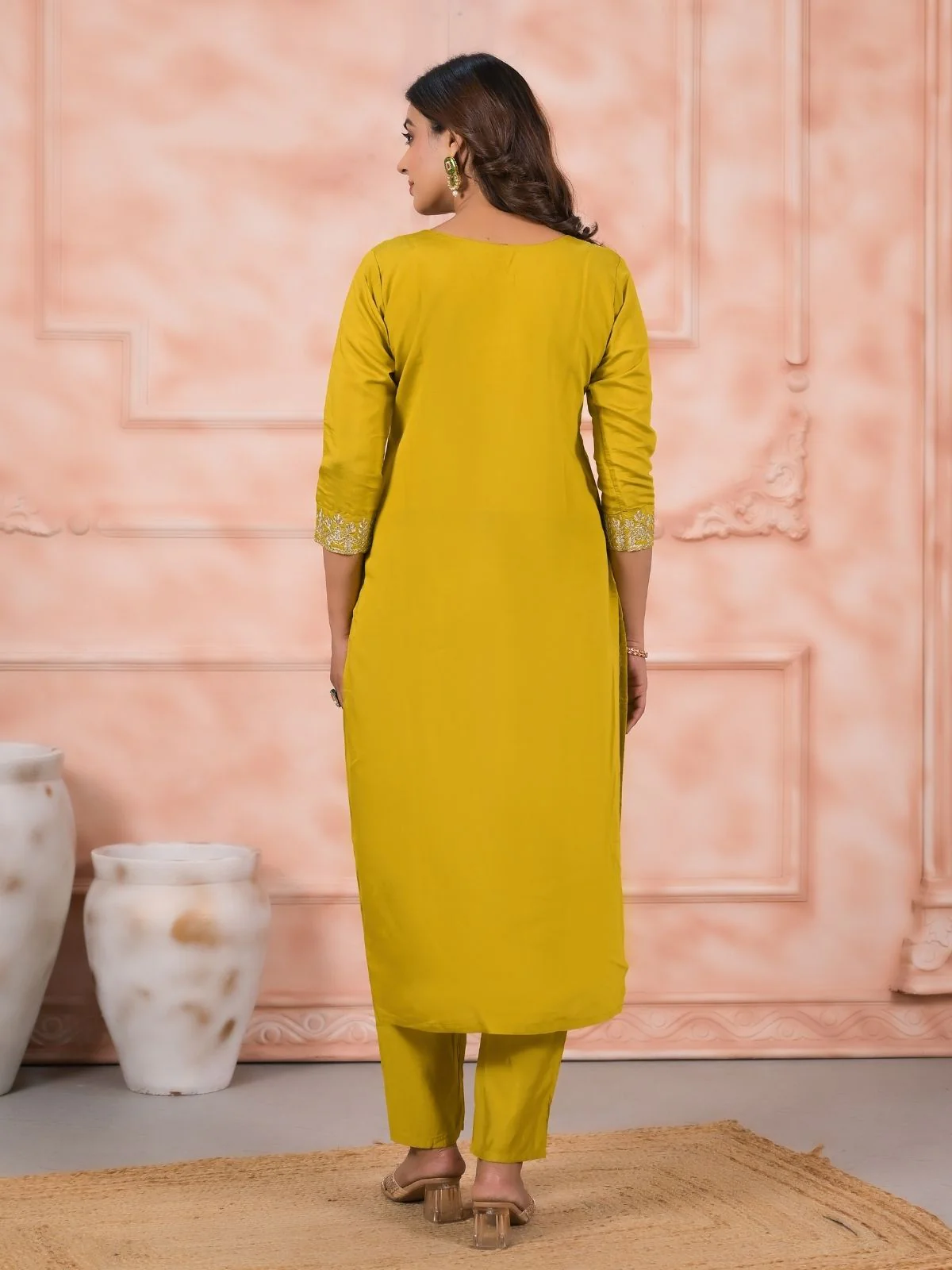 Odette Yellow Silk Blend Embroidered Stitched Kurta Set For Women - Image 4
