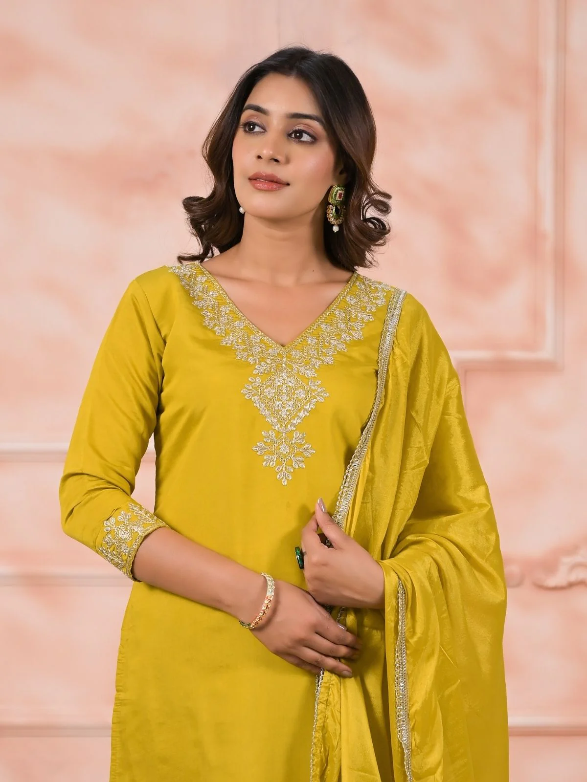 Odette Yellow Silk Blend Embroidered Stitched Kurta Set For Women - Image 5