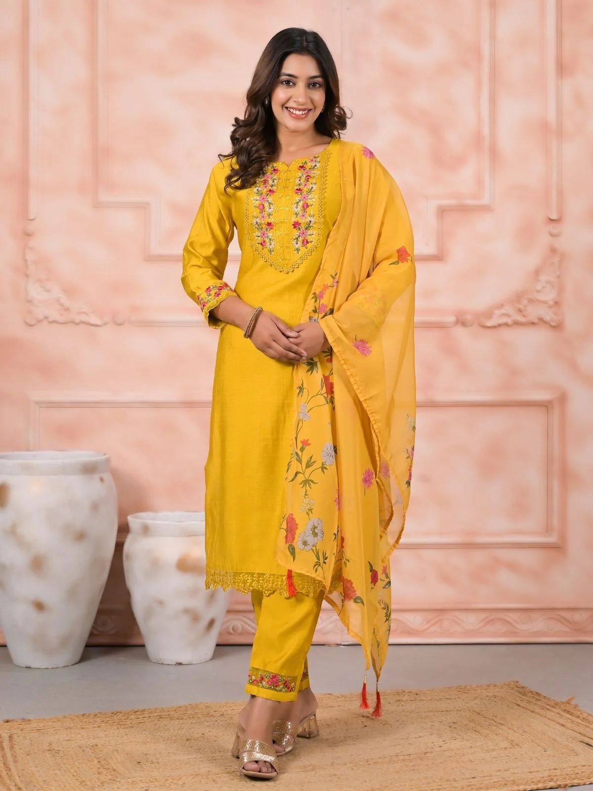 Odette Yellow Silk Blend Embroidered Stitched Kurta Set For Women
