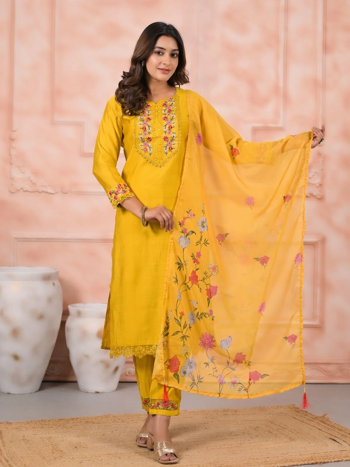 Odette Yellow Silk Blend Embroidered Stitched Kurta Set For Women - Image 2