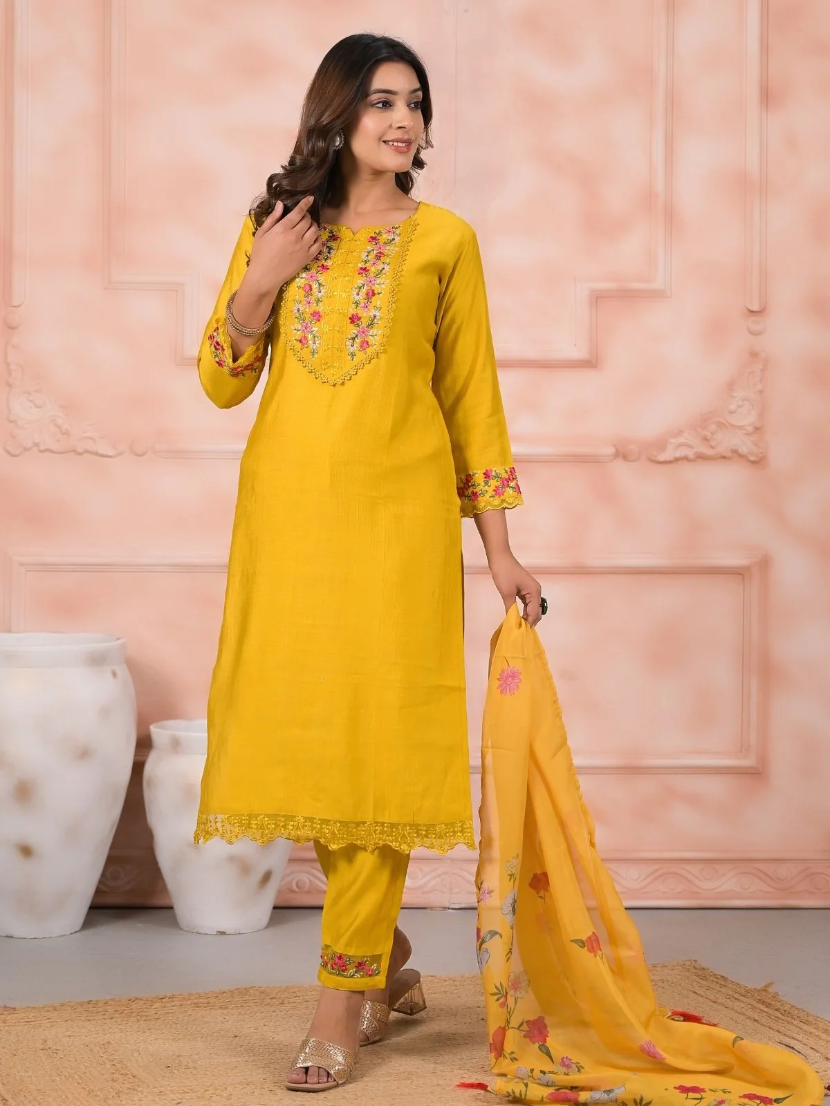 Odette Yellow Silk Blend Embroidered Stitched Kurta Set For Women - Image 3